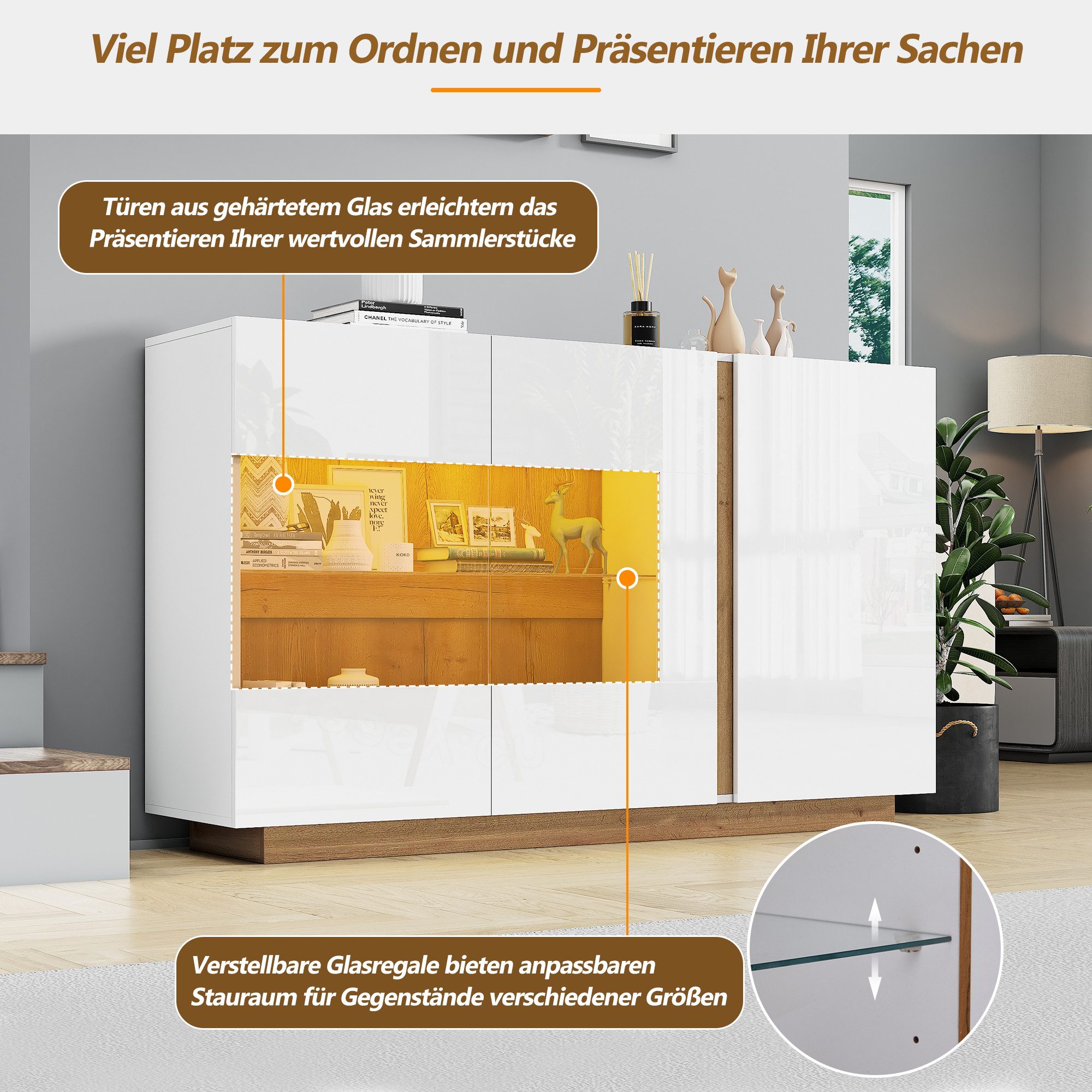 Merax Sideboard Hochglanz Kommode mit LED und Glastür (Modernes Design für Wohnzimmer und Flur), Flurschrank mit Holzsockel, Buffet, Vitrine, Breit: 138cm