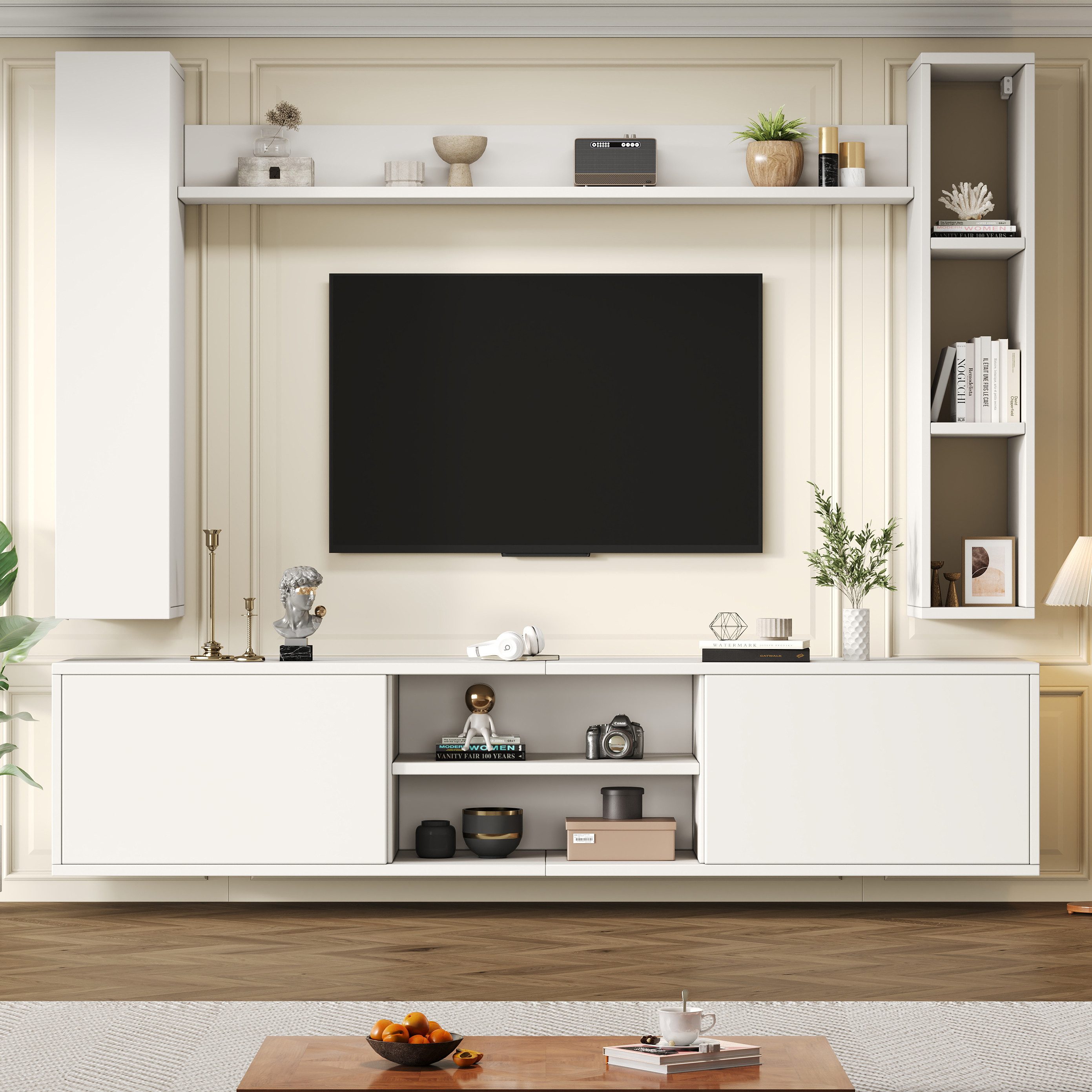 Odikalo Wohnwand Mediawand inkl.TV-Board,Standregal,2 Wandregal, (180x35x33.5cm TV Wohnwand-set mit Vitrinen (Komplett-Set, 4-St),Mediawand inkl.TV-Board, Standregal und 2 Wandregal,TV Wohnzimmermöbel-Set,TV-Schrank, stehend&hängend,TV bis 80',Weiß)
