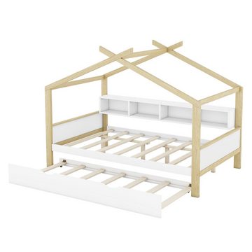 Ulife Kinderbett Hausbett, ausgestattet mit Ausziehbett,140*200 cm, Einzigartiges Loft-Design, vier Staufächern