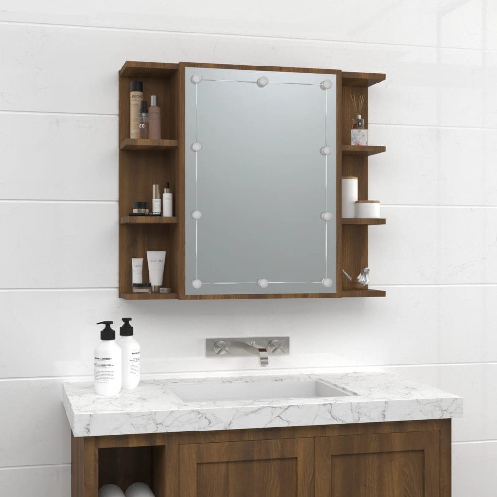 vidaXL Braune mit cm Badezimmerspiegelschrank Braun Eichen-Optik 70x16,5x60 Spiegelschrank Eiche (1-St) LED