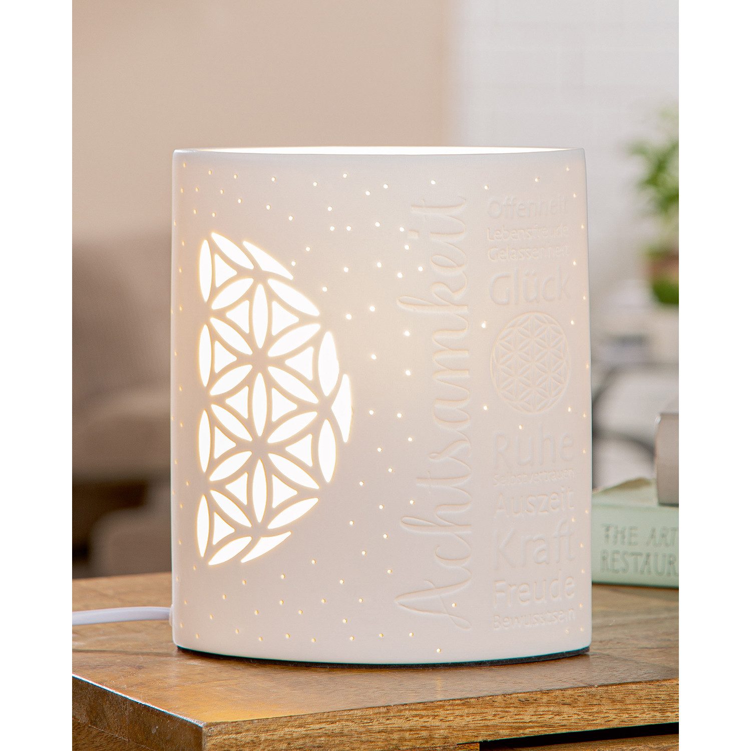 GILDE Tischleuchte ACHTSAMZEIT Tischleuchte - weiß - Porzellan - Höhe 20cm x Breite 17cm, Tischlampe - Schreibtischlampe - Nachttischlampe