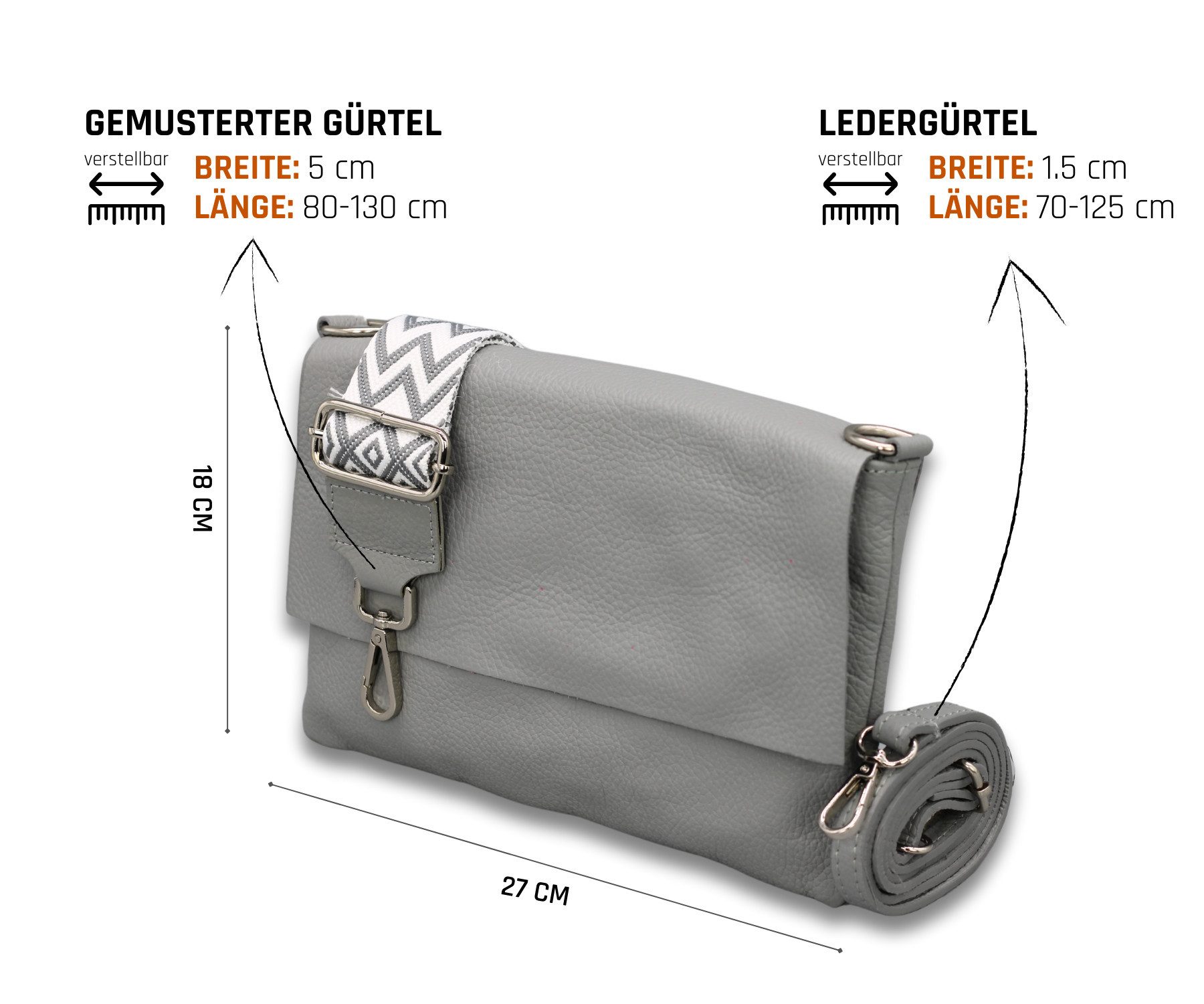 Adel Bags Schultertasche CALI Schlanke Tasche mit 3 Fächer, Slim Crossbody Bag Echtes Leder