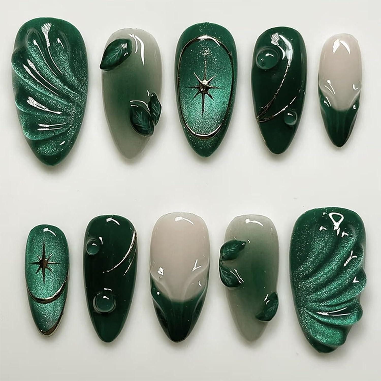 LuxusKollektion Kunstfingernägel Falsche Nägel Set 24er Schwarz Grün 3D Fallblatt design-5