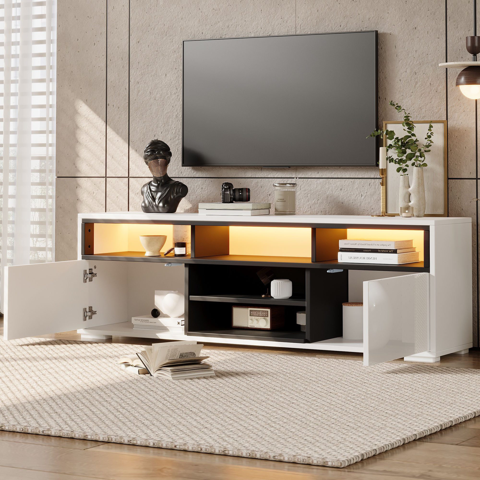 Merax Lowboard hochglanz Fernsehschrank mit LED-Beleuchtung (150 × 35 × 50 cm, 1 St), TV-Board TV-Schrank mit 2 Türen, 8 Fächer, Stauraum & Kabelmanagement – Bild 2 von 5