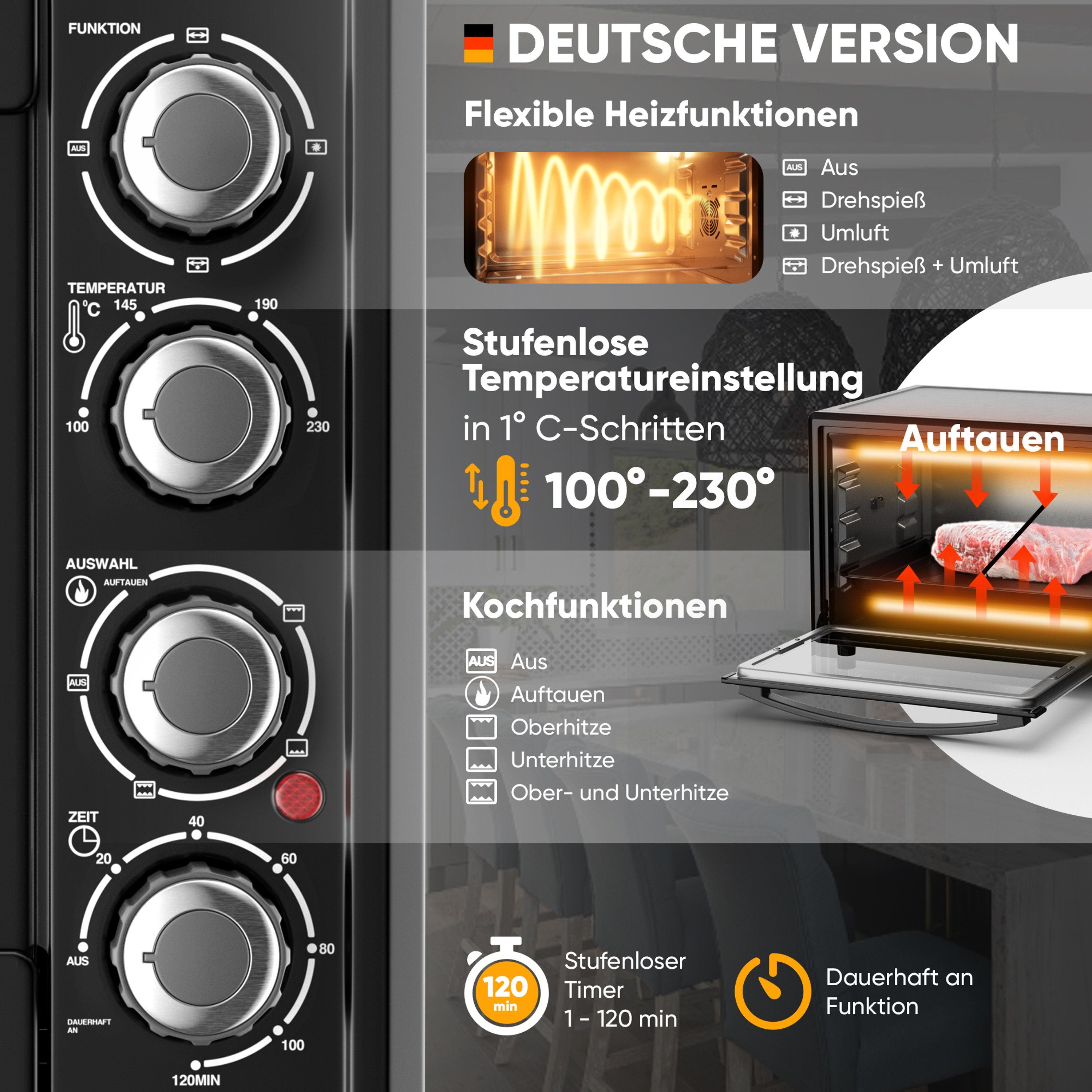 Stillstern Minibackofen MB45-MX Innenbeleuchtung Drehspieß, Ofenhandschuhe, Timer, 2G (45L) Rezeptheft, Deutsche Version