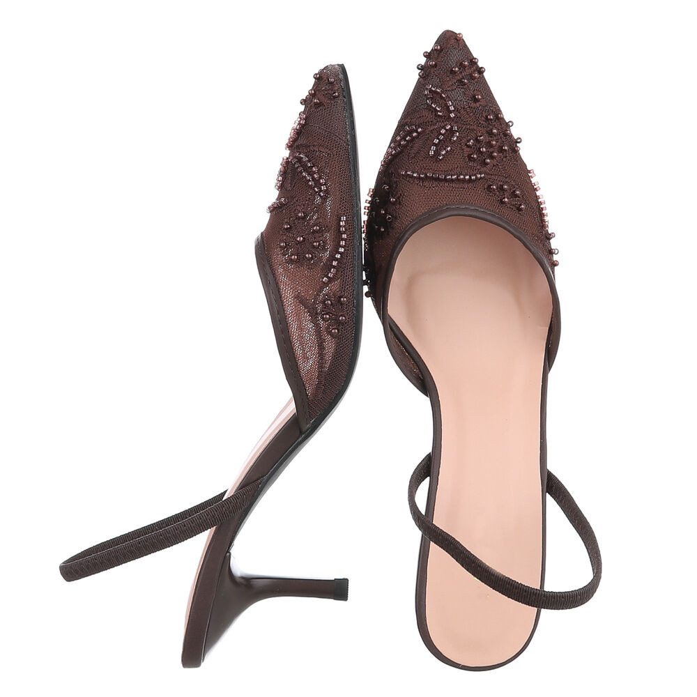 Ital-Design Damen Slingback-Pumps mit Perlenstickerei & High Heel Schnürpumps (92214484) Pfennig-/Stilettoabsatz Pumps in Braun