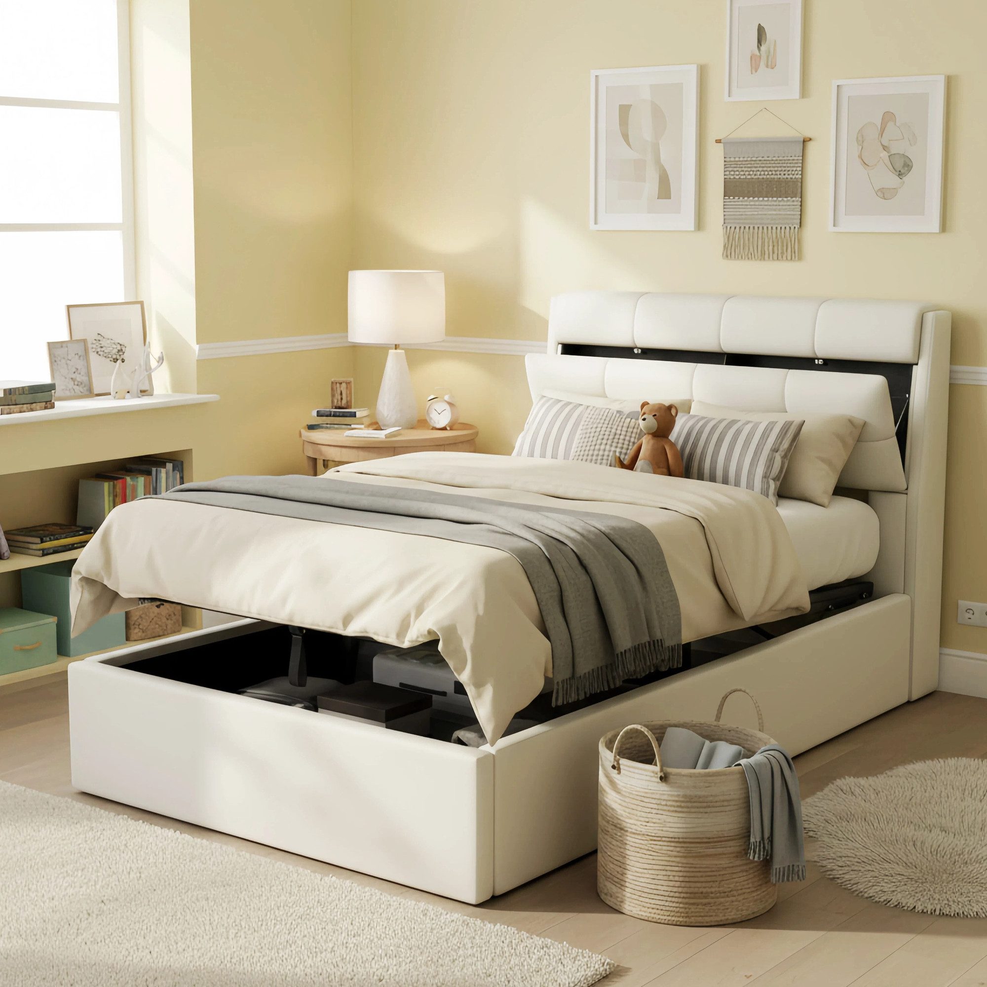 STILVORA Polsterbett 90×200 Polsterbett Funktionsbett mit verdeckt Kopfteilablage&Stauraum (Polsterbett mit Lattenrost, 90*200cm), mit verdeckte Kopfteilablage, Bettkastenablage