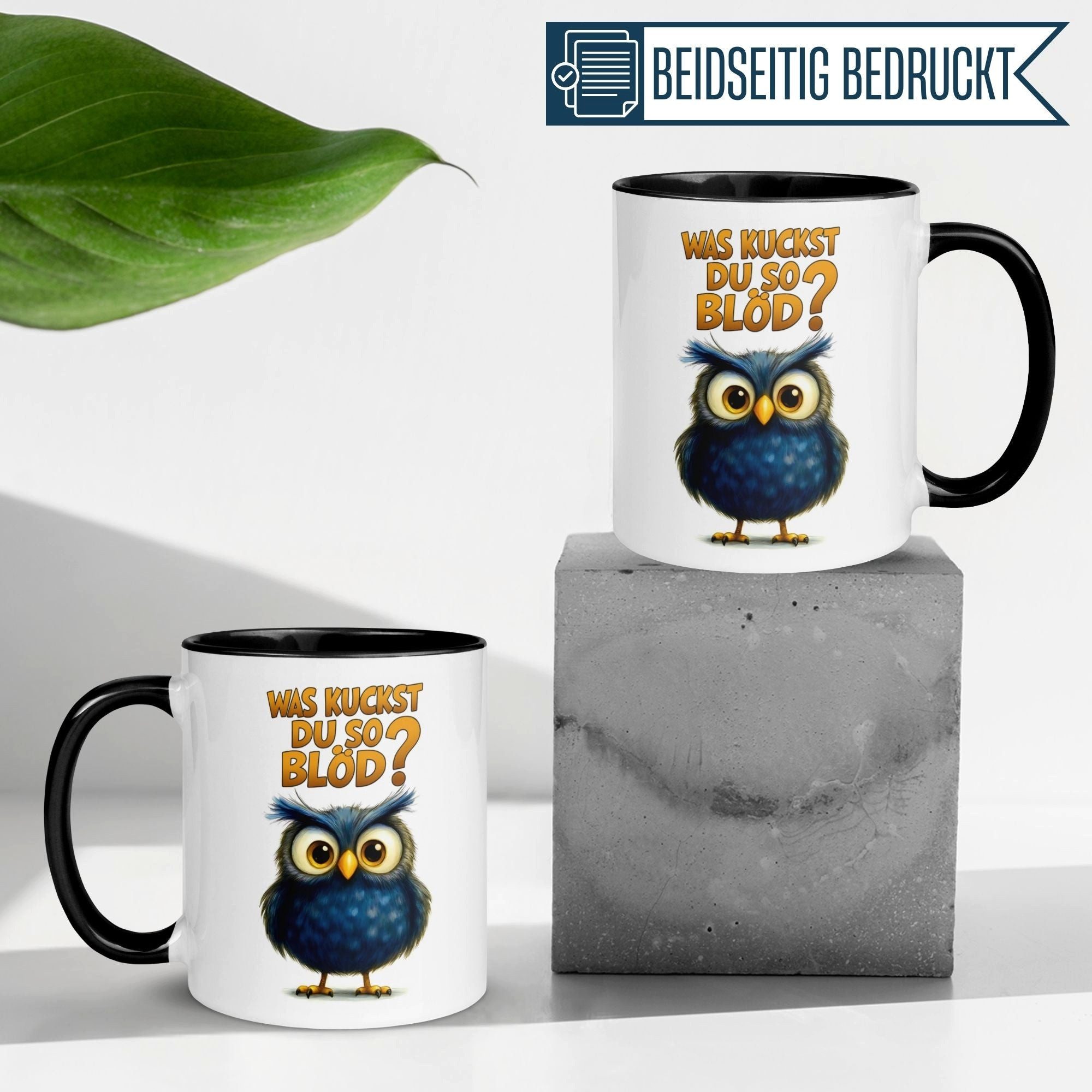 Momentals Tasse Eule – Was kuckst du so blöd – lustiges Eulen Geschenk Morgenmuffel, Gratis Versand · Links-&Rechtshänder · Spülmaschinenfest