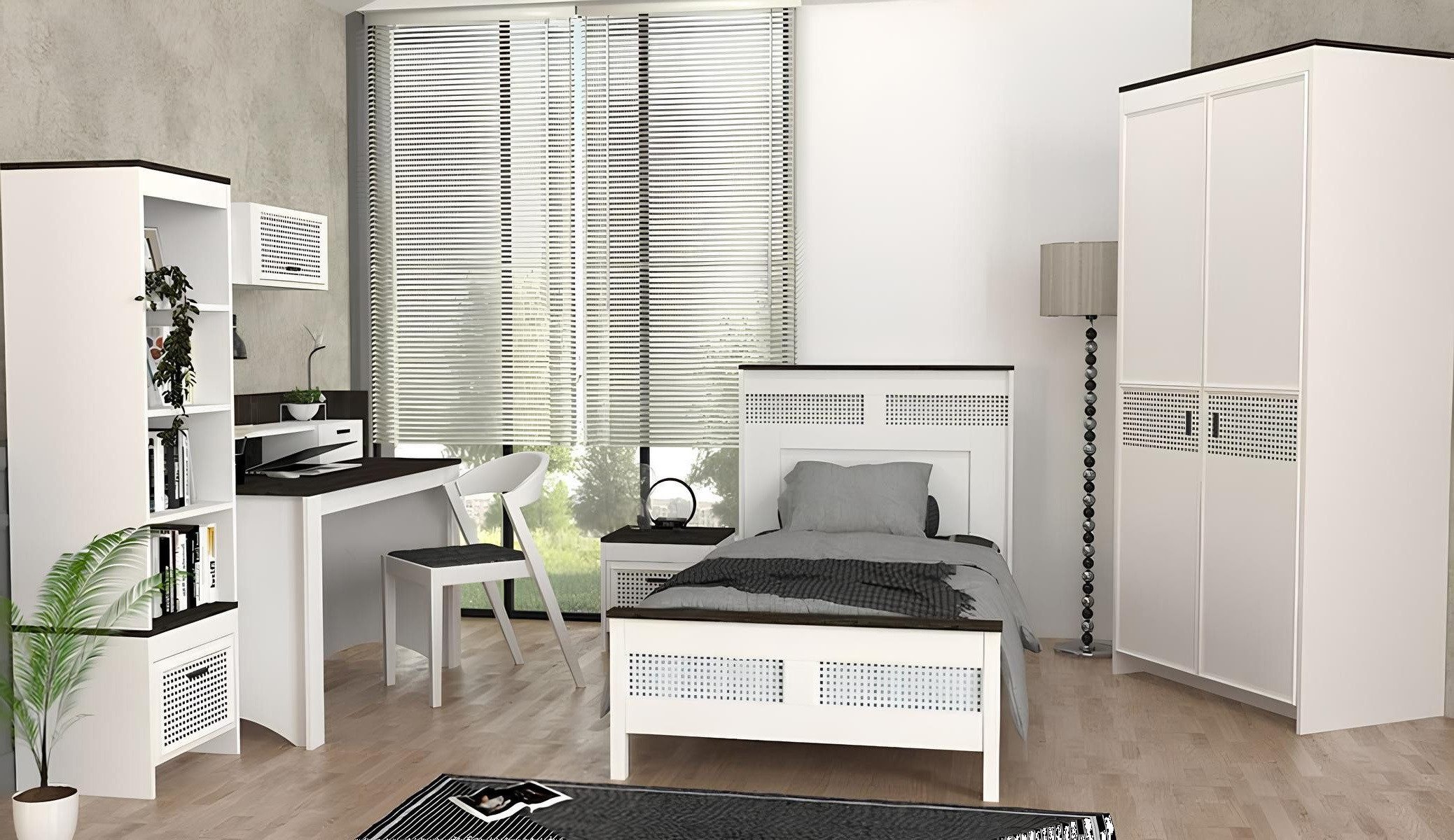 Schlafzimmer-Set Modernes Jugendmöbel-Set in Weiß mit Bett, Schreibtisch und Regal