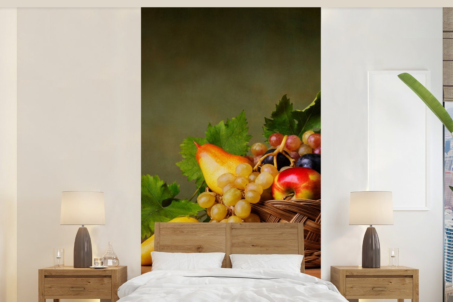 Küche, Obst Matt, St), Wohnzimmer Schlafzimmer (2 für MuchoWow Stilleben, Fototapete - Rustikal Fototapete Korb - bedruckt, Vliestapete -
