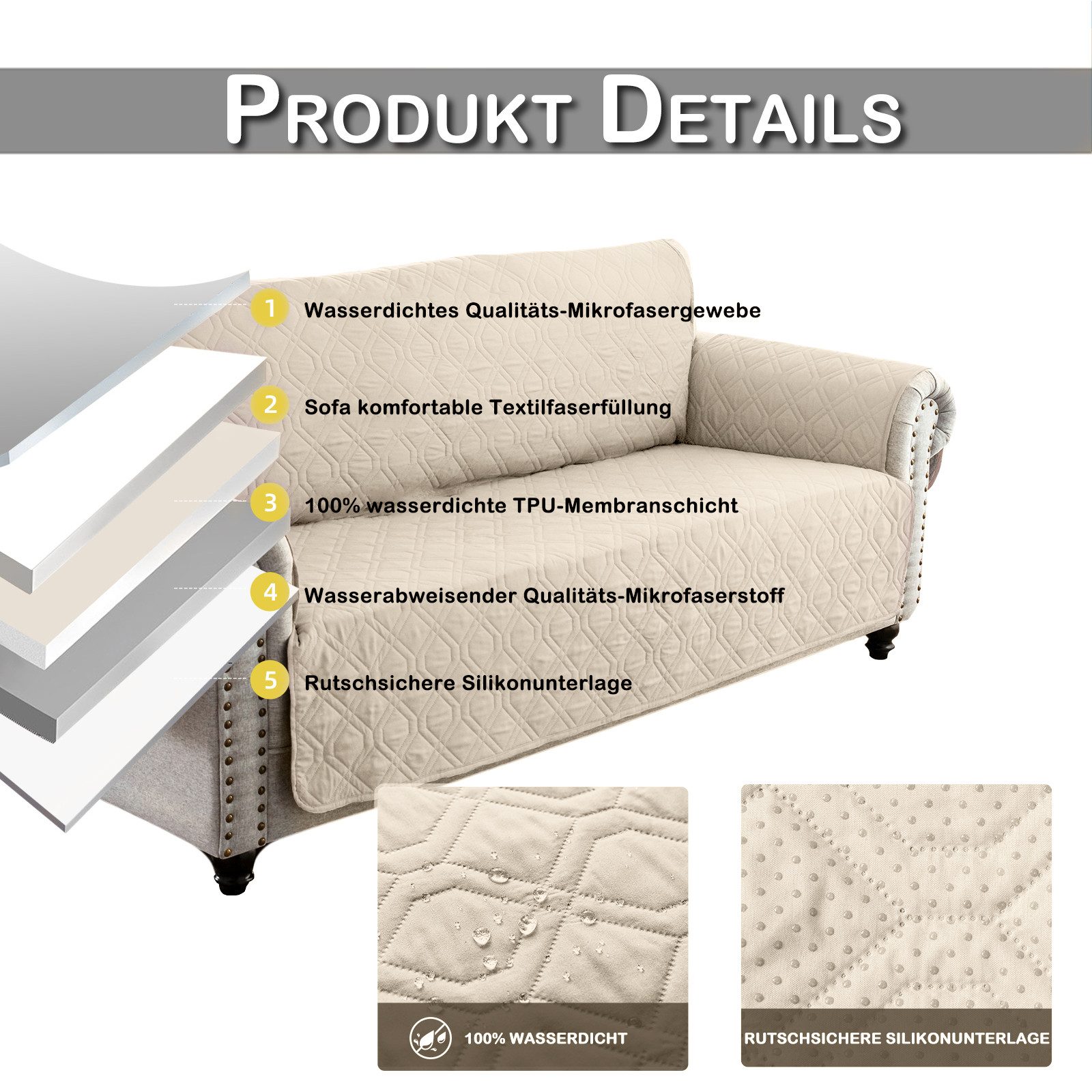 BTTO Sofabezug Sofahusse 1/2/3 Sitzer,Sofaüberzug mit Seitentasche,Couch Überzug, Gesteppt,Anti-Rutsch,Haustiermatte