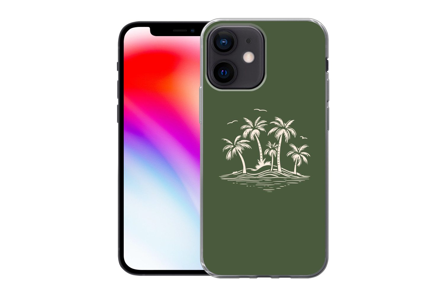 MuchoWow Handyhülle für Apple iPhone 12 mini Palmen - Strand - Grün - Beige - Tropisch, Smartphone-Bumper, Print, Handy Schutzhülle Dünn