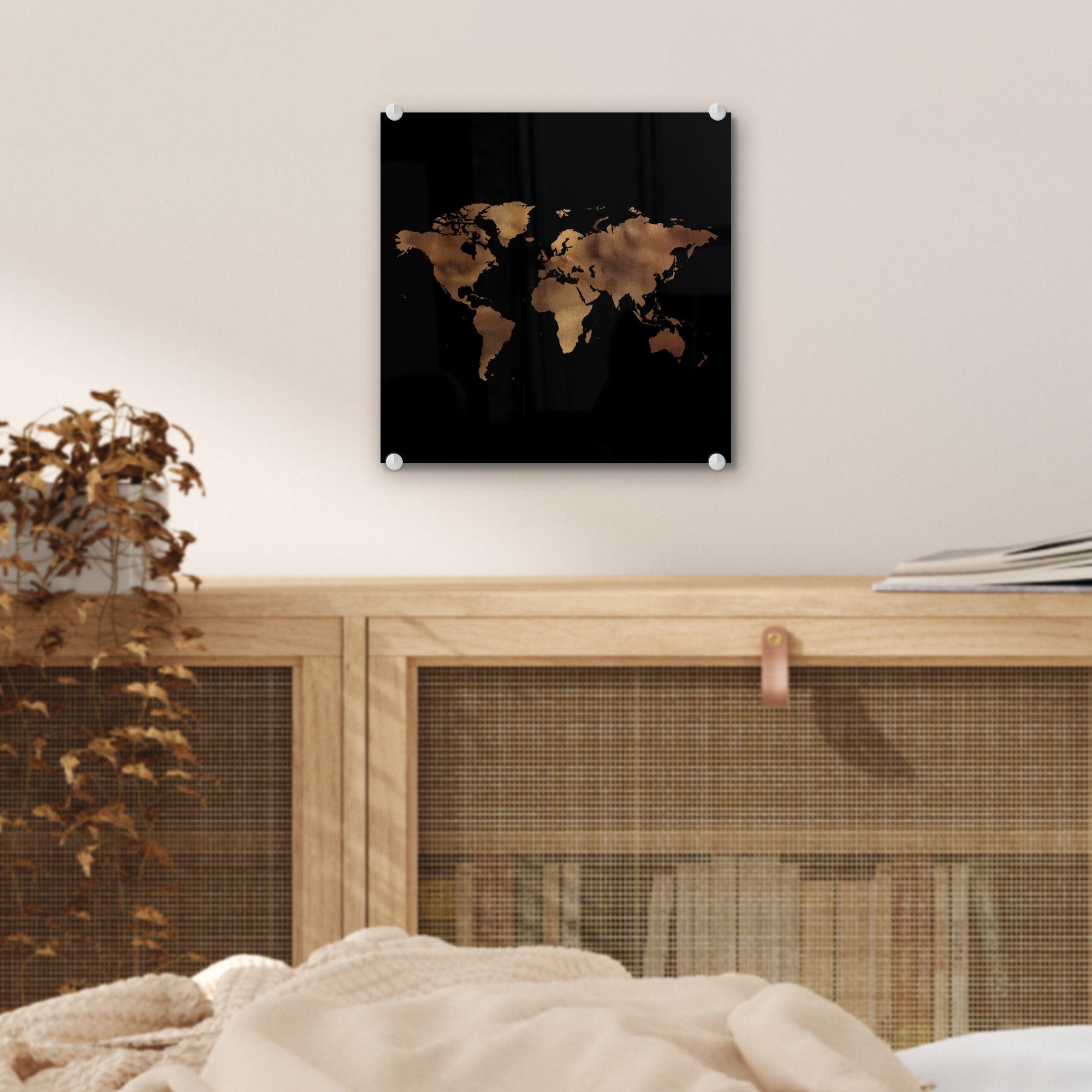 auf Schwarz, Acrylglasbild - Foto MuchoWow Bilder - Weltkarte Gold Glas - Glas Wanddekoration Glasbilder - (1 St), - Wandbild auf