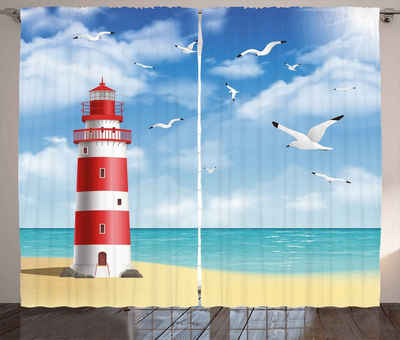Gardine Schlafzimmer Kräuselband Vorhang mit Schlaufen und Haken, Abakuhaus, Strand Leuchtturm Möwen Ozean