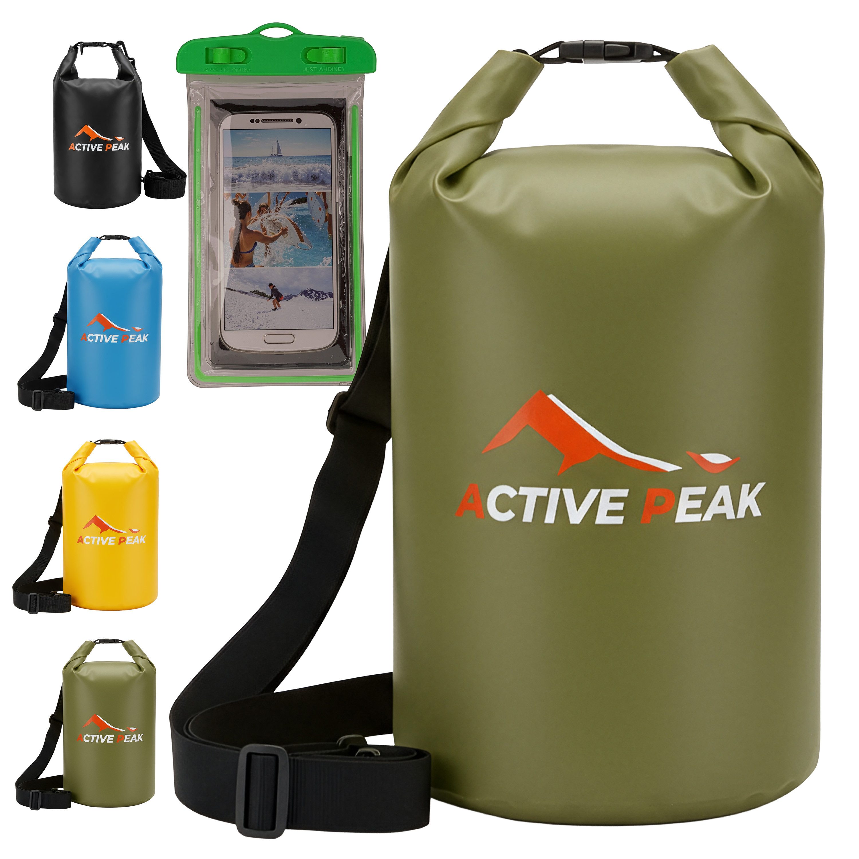 Active Peak Drybag Wasserdichte Tasche & Packsack (inkl. Wasserdichter Smartphone Hülle, 2-tlg), Waterproof Bag Seesackfür SUP, Kajak, Strand, Wassersport, Outdoor uvm