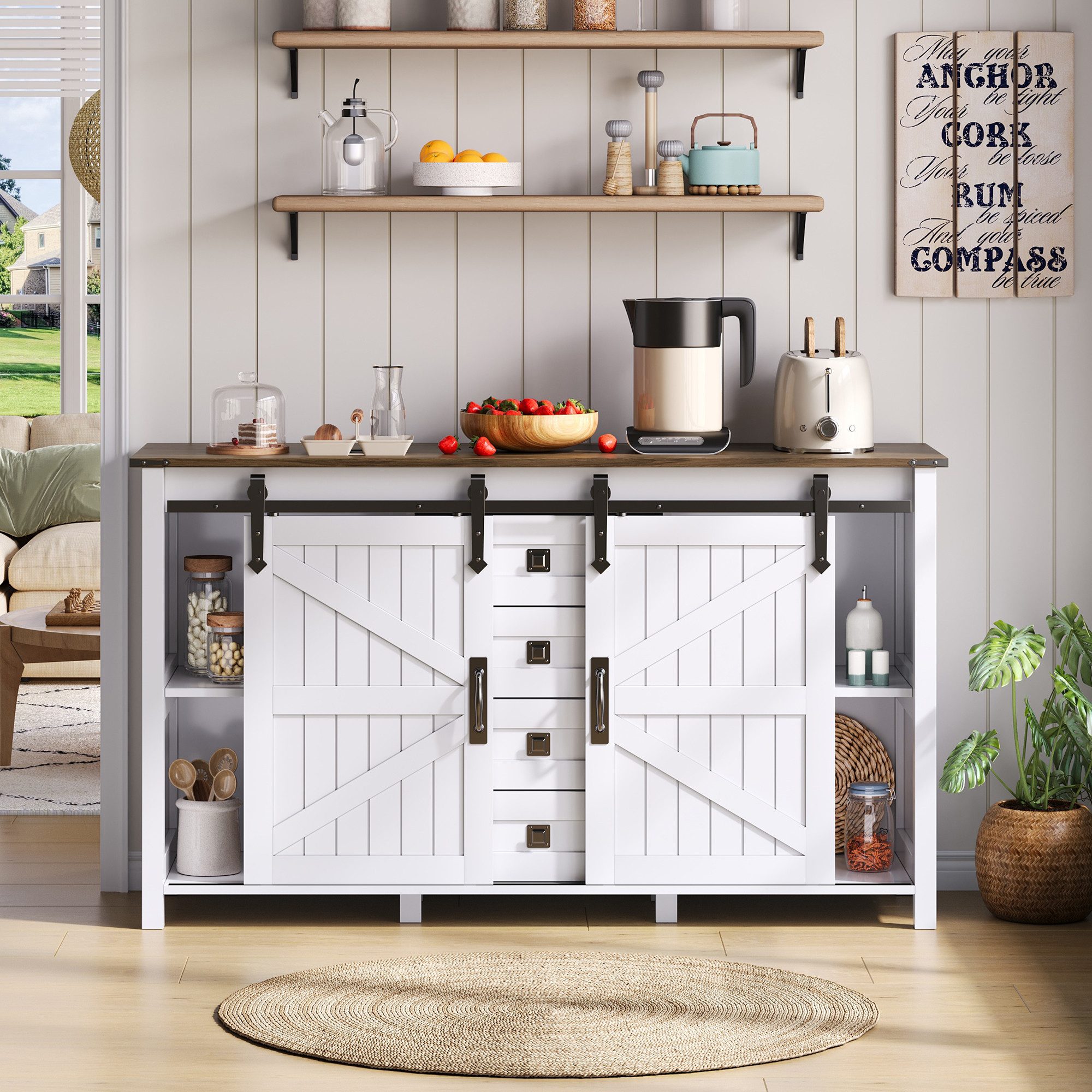 Flieks Kommode mit 4 Schubladen und Schiebetüren Weiß (B137/T40/H81,5 cm, 1 St., Schrank für Wohnzimmer, Esszimmer und Schlafzimmer), Schiebetüren Mehrzweckschrank Küchenschrank Holzschrank weiß