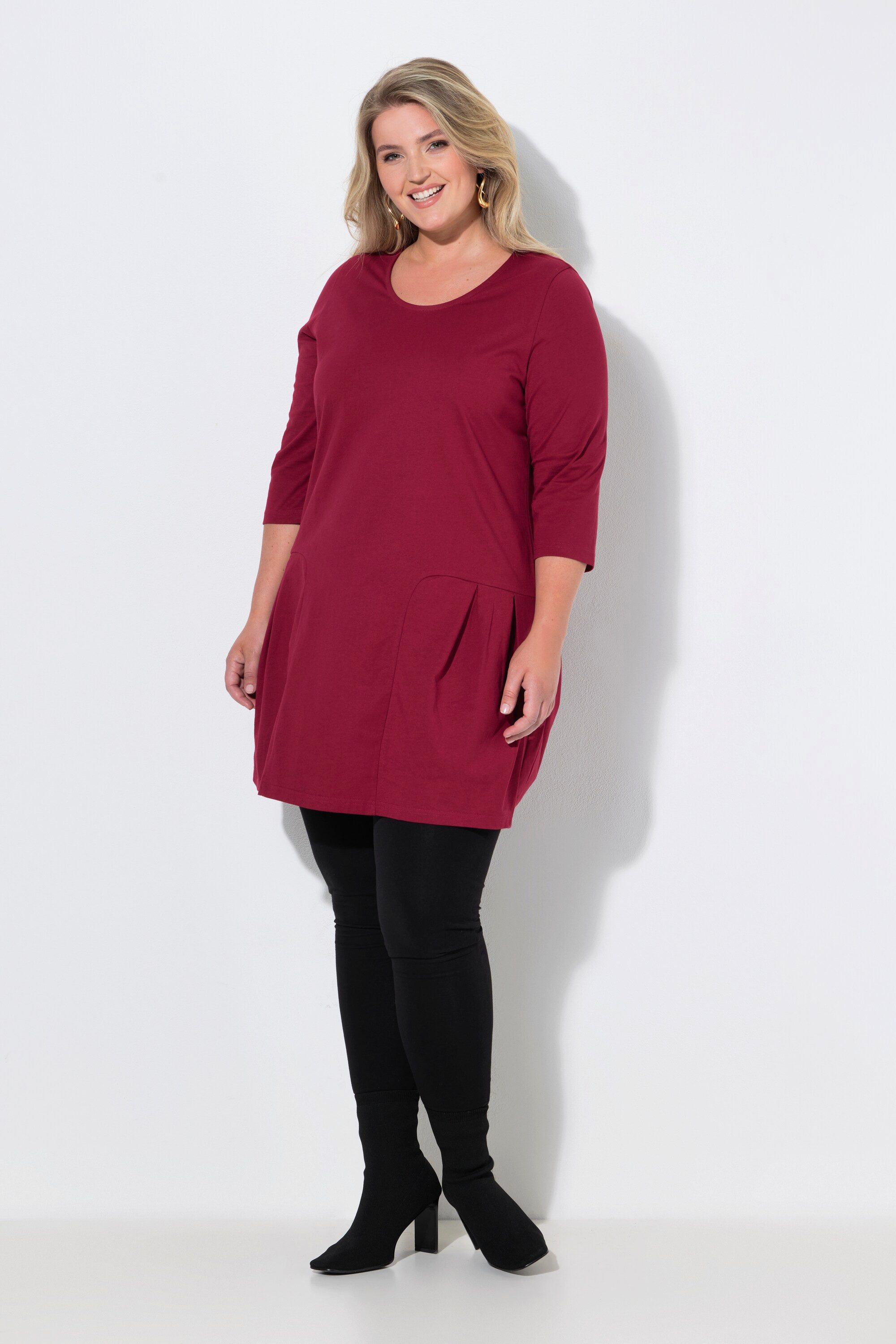 Ulla Popken Maxikleid Jerseykleid Zierfalten A-Linie Rundhals 3/4-Arm