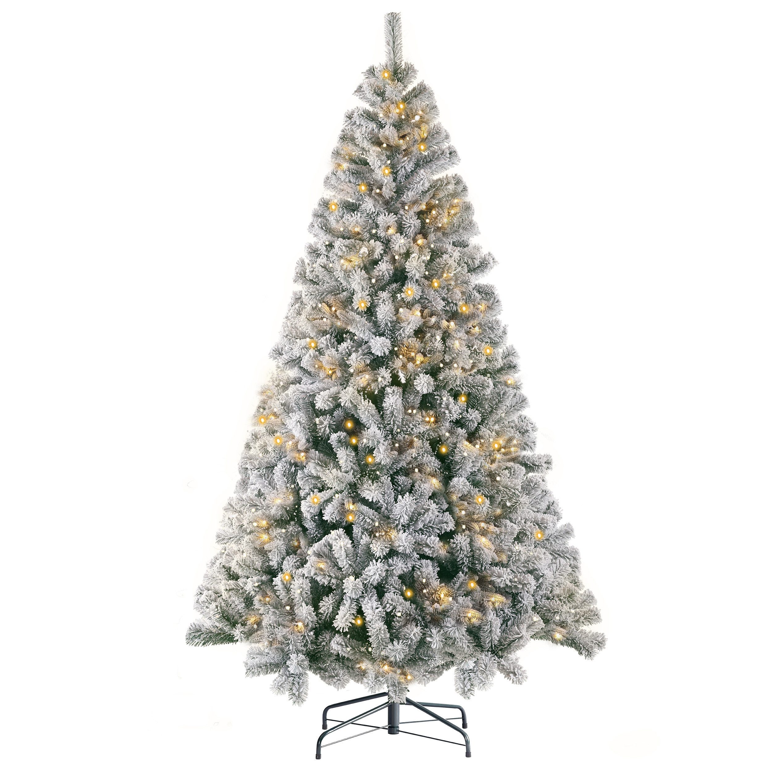 Sinaopus Künstlicher Weihnachtsbaum 180 cm Schneetanne, 1006 Spitzen, Lichterkette, Metallständer, Beflockte PVC-Schneetanne, dichte Zweige, flexible Lichtgestaltung, Warmgelbe Lichterkette, 8 Modi, formbare Zweige, Metallständer