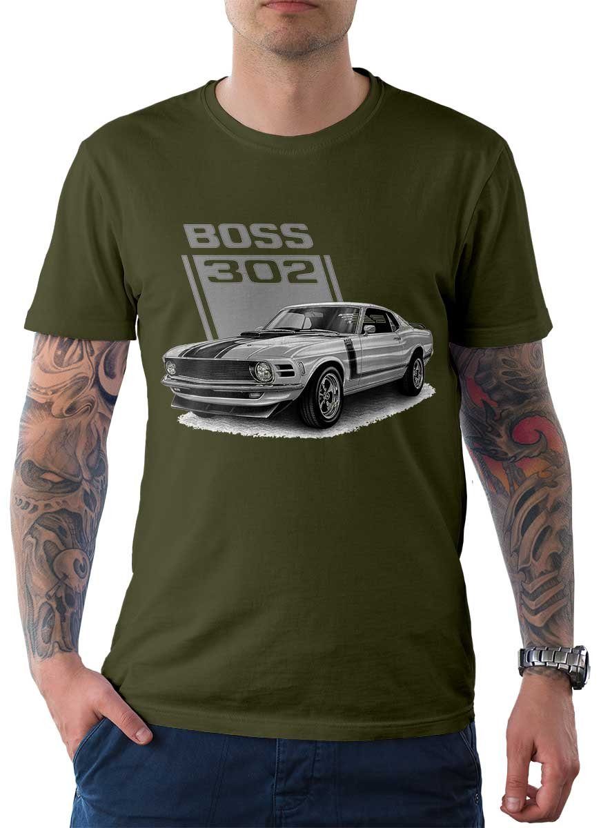 Rebel On Wheels T-Shirt Herren T-Shirt Tee American Classic Car mit Auto / US-Car Motiv Oliv