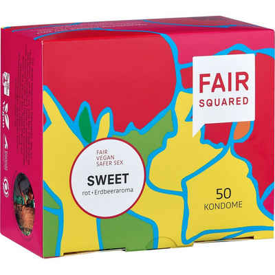 Fair Squared Kondome Celebrate your Love - Sweet Packung mit, 50 St., rote Kondome mit Erdbeer-Aroma, vegane und aromatisierte Fair-Trade-Kondome