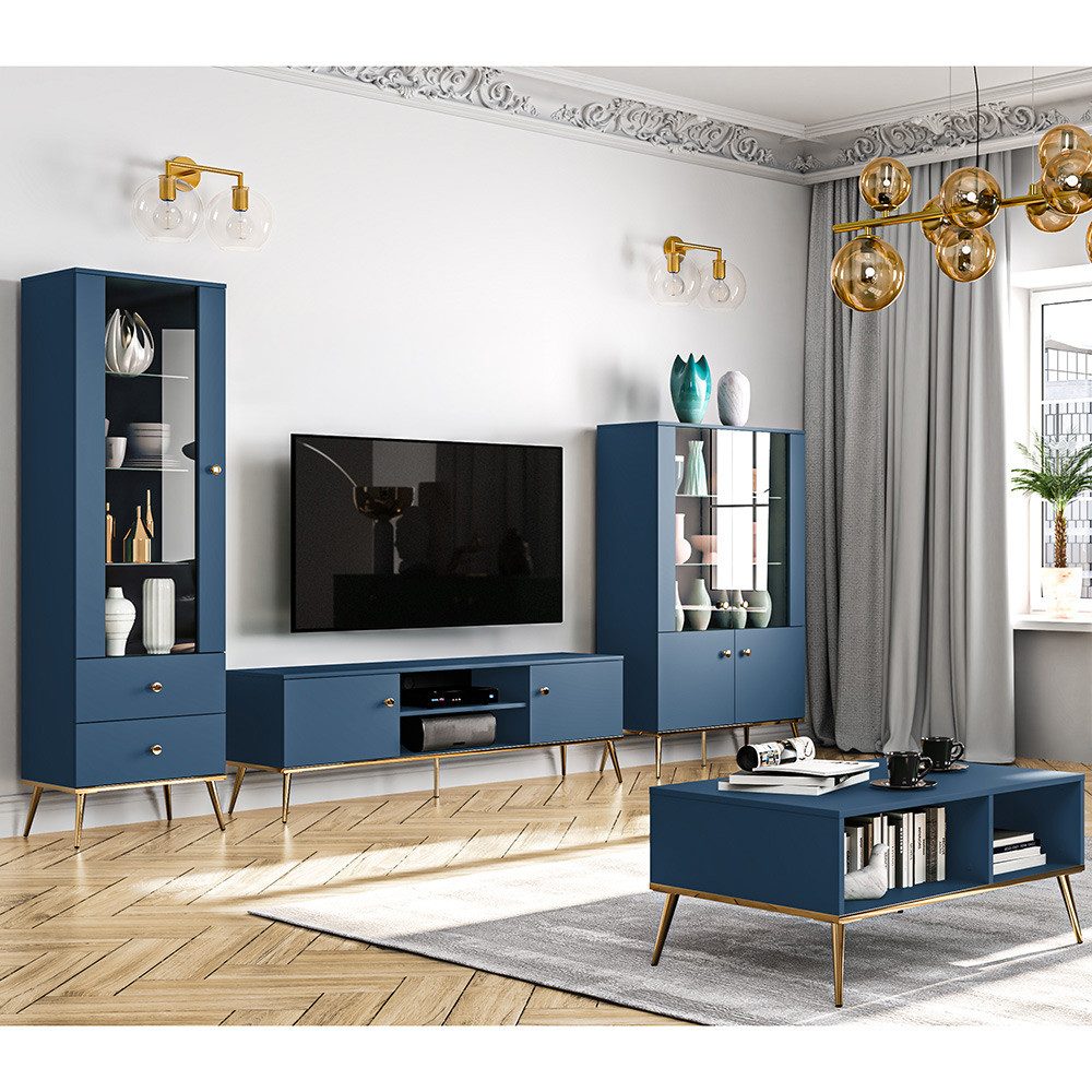 Lomadox Wohnwand MONTPELLIER-131, (4-St), dunkelblau, LED-Beleuchtung, Füße & Griffe goldfarben, mit Couchtisch