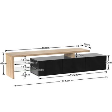 IDEASY TV-Schrank TV-Schrank, Aufbewahrungsschrank, weiß/schwarz, (5 Fächer) siebenfarbiges LED-Licht, 197,5*39,*42 cm, Glastrennwand