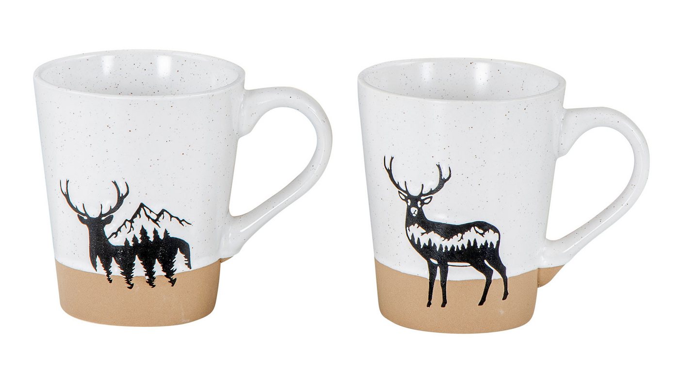 Levandeo® Becher, 2er Set Steingut Tassen 360ml Hirsch Kaffeetasse Natur Becher Modern