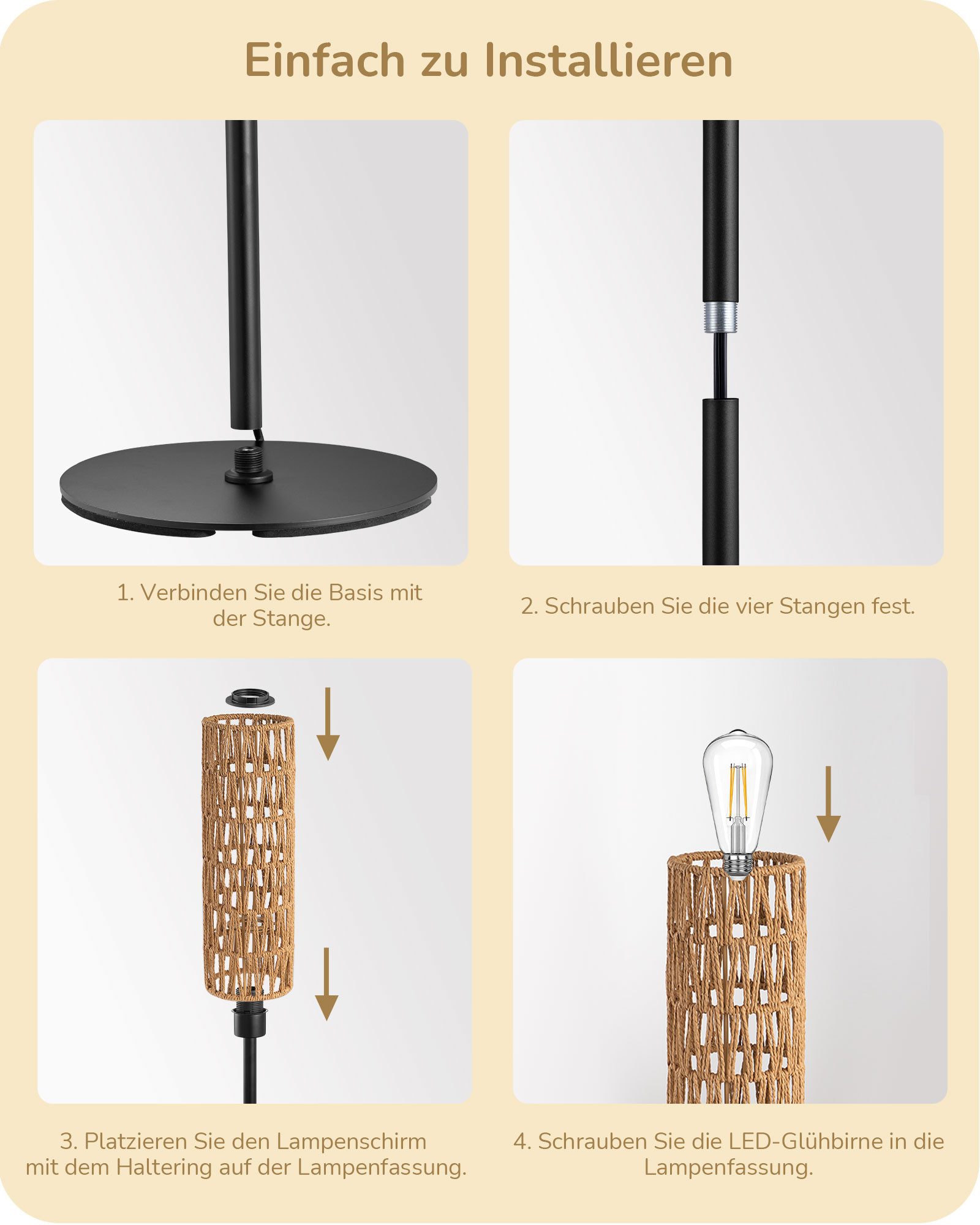 EDISHINE Stehlampe Wohnzimmer, LED wechselbar, warmweiß, Boho Stehlampe mit Lampenschirm aus gewebtem Seil