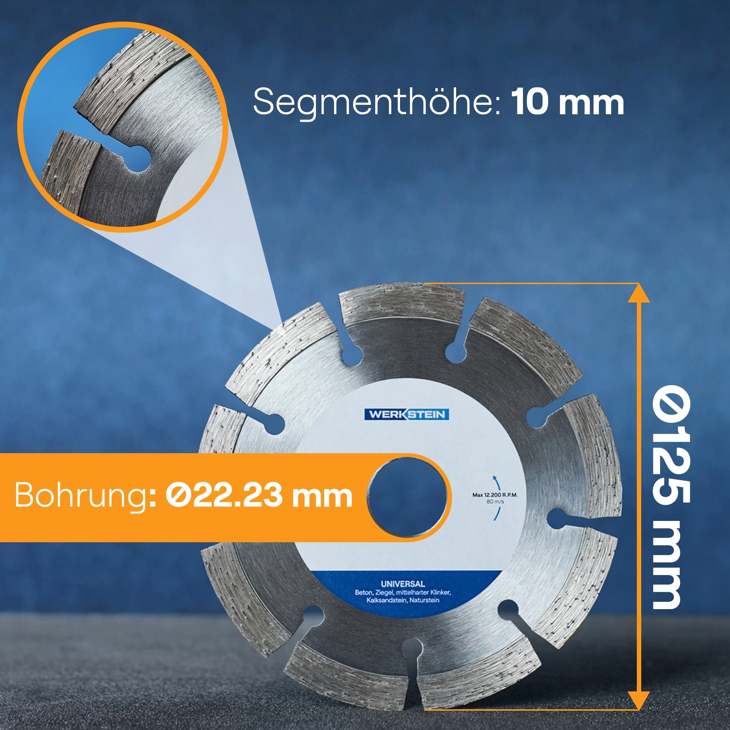 Werkstein Diamanttrennscheibe 125mm x 22,23mm x 10mm I zum Schneiden von  Stein, Beton, Ziegel uvm., 10 mm Segment, 125x2 mm ⌀, Bohrung: 22,23 mm,  Schnitt-Tiefe: 45mm