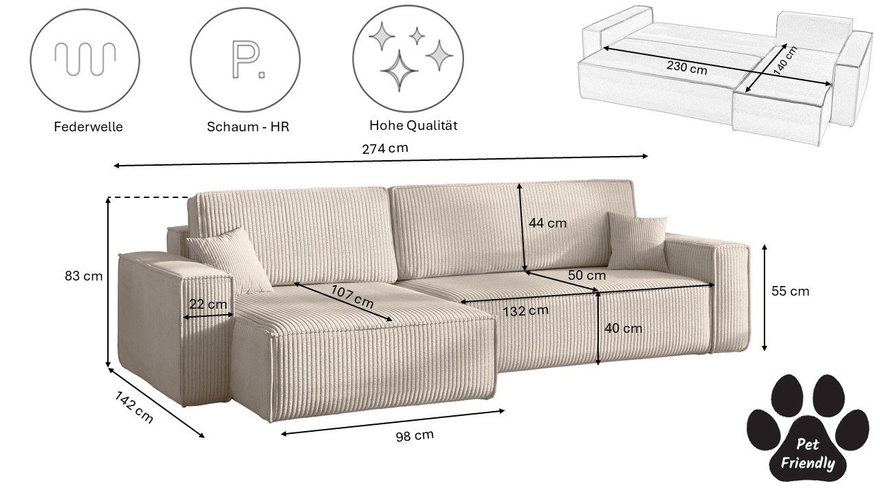 Kaiser Möbel Ecksofa mit schlaffunktion und bettkasten, BEST XL stoff Poso, Quelle, Verita, Mit Bettfunktion und Bettzeugfach