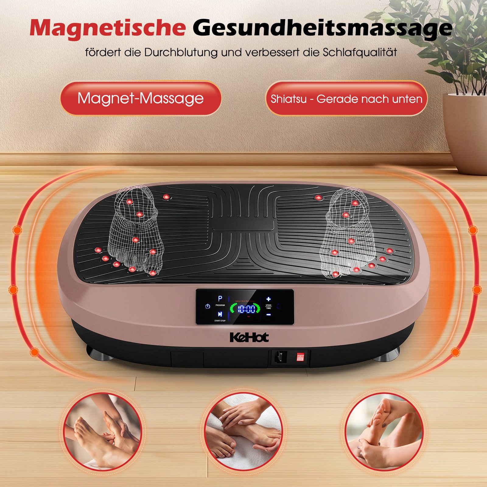 kehot Vibrationsplatte Vibrationsplatte für Homefitness mit Trainingsbändern, Fernbedienung, 200 W, 120 Intensitätsstufen, 6 Programme für tägliche Bewegung und Ganzkörpertraining zuhause