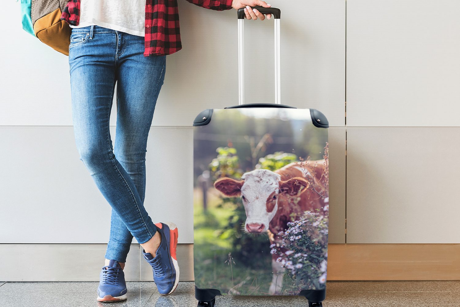 MuchoWow Handgepäckkoffer Trolley, - Kuh Blumen mit Kalb, Handgepäck Ferien, - rollen, Rollen, 4 Reisekoffer für Reisetasche