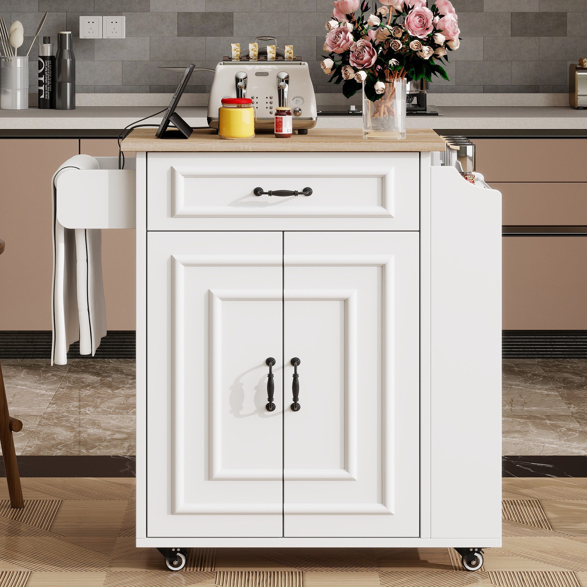 Totnz Kücheninsel Küchenwagen mit Klappbar Arbeitsplatte, Schublade, Gewürzregal, (4 360°-Rollen, zwei feststellbar), für Küche, Ess- und Wohnbereich