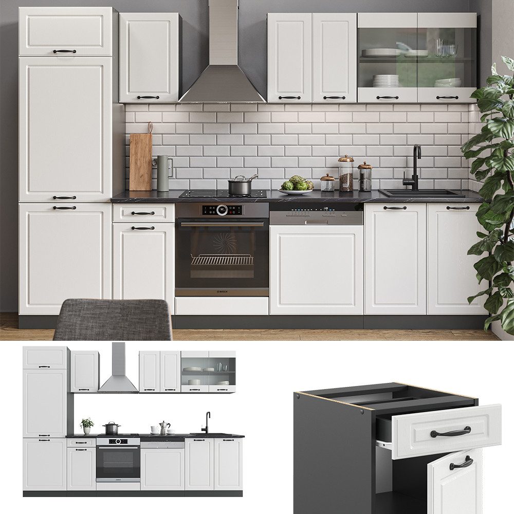 Vicco Küchenzeile R-Line, Weiß Landhaus/Anthrazit, 300 cm, AP Marmor
