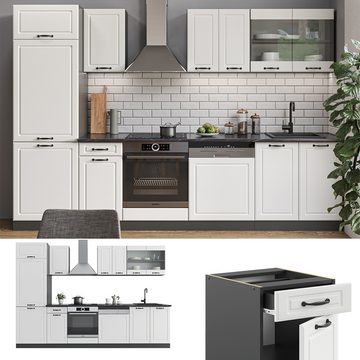 Livinity® Küchenzeile R-Line, Weiß Landhaus/Anthrazit, 300 cm, AP Anthrazit
