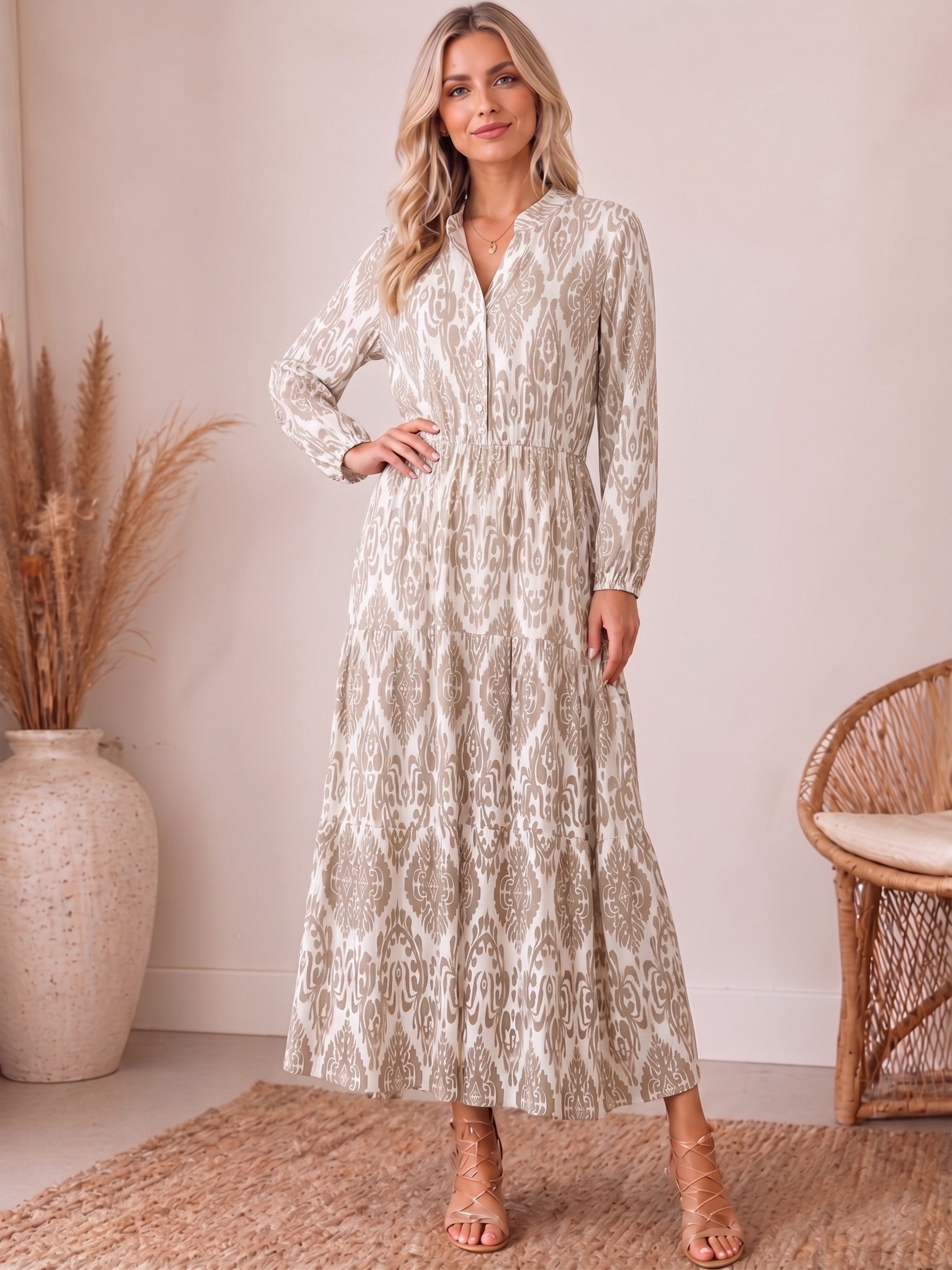 Kendindza Collection Maxikleid Sommerkleid Damen Lang Viskose Elegantes Sommer Kleid lang Maxi Kleid Ikat-Print Knopfleiste & Schnurbund, Luftig Leicht