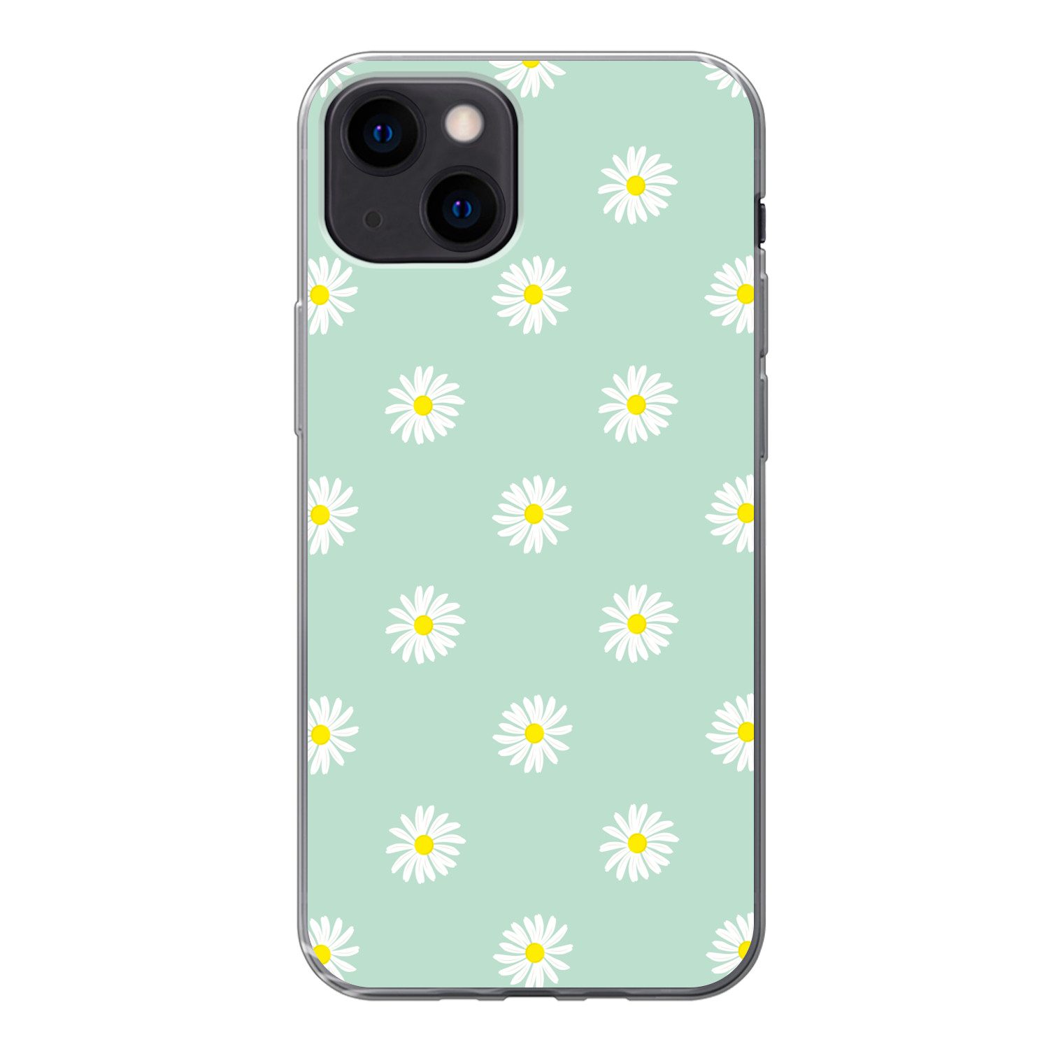 MuchoWow Handyhülle für Apple iPhone 13 mini Gänseblümchen - Pastell - Weiß - Grün - Flora, Smartphone-Bumper, Print, Handy Schutzhülle Dünn