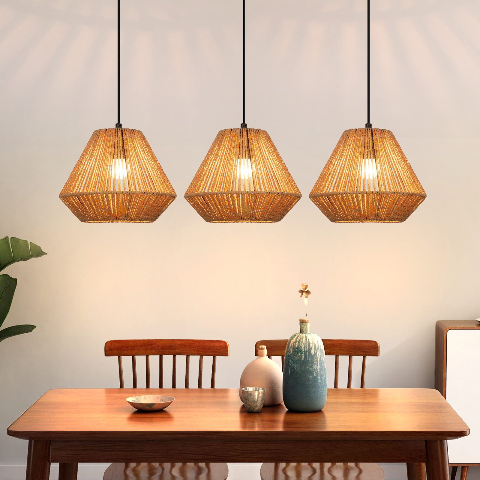 Nettlife Pendelleuchte Rattan 3 flammig Höhenverstellbar Boho E27 Hängeleuc günstig online kaufen