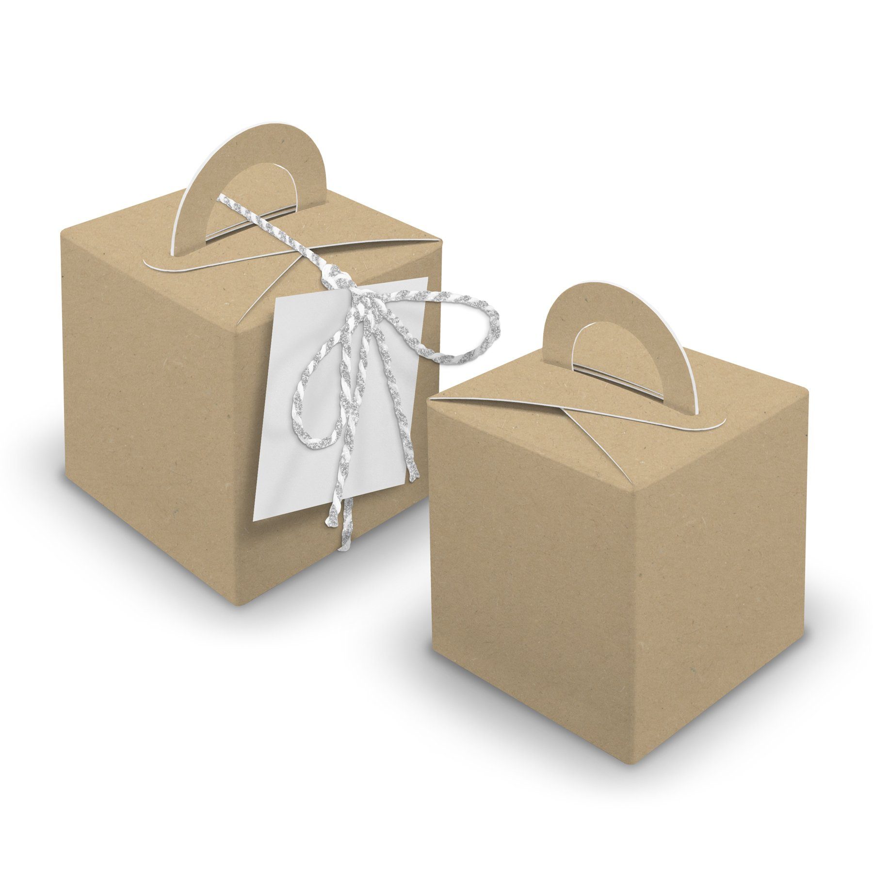 itenga Geschenkpapier V33 24x Würfelbox mit Griff braun + Garn silber + Anhänger