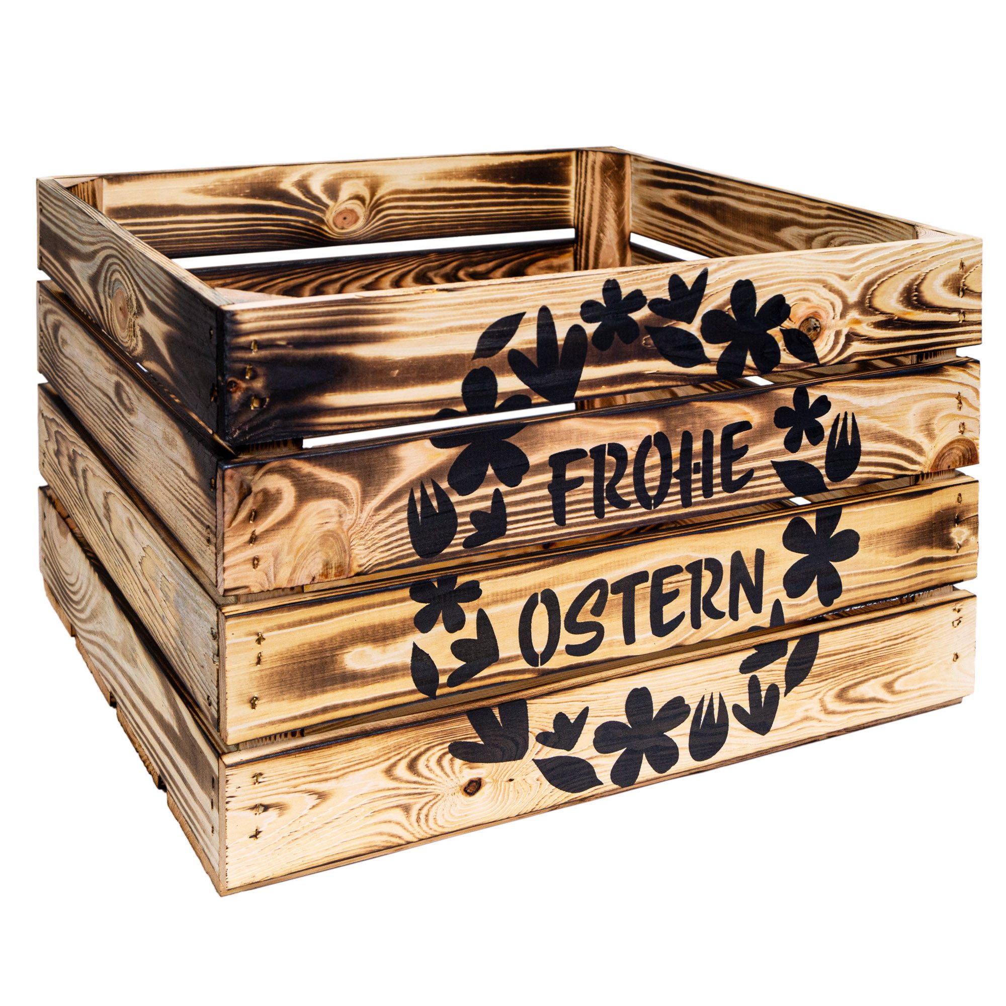 Kistenkolli Altes Land Allzweckkiste Holzkiste Ostermotiv Frohe Ostern 50x40x30 cm Geflammt Osterkranz