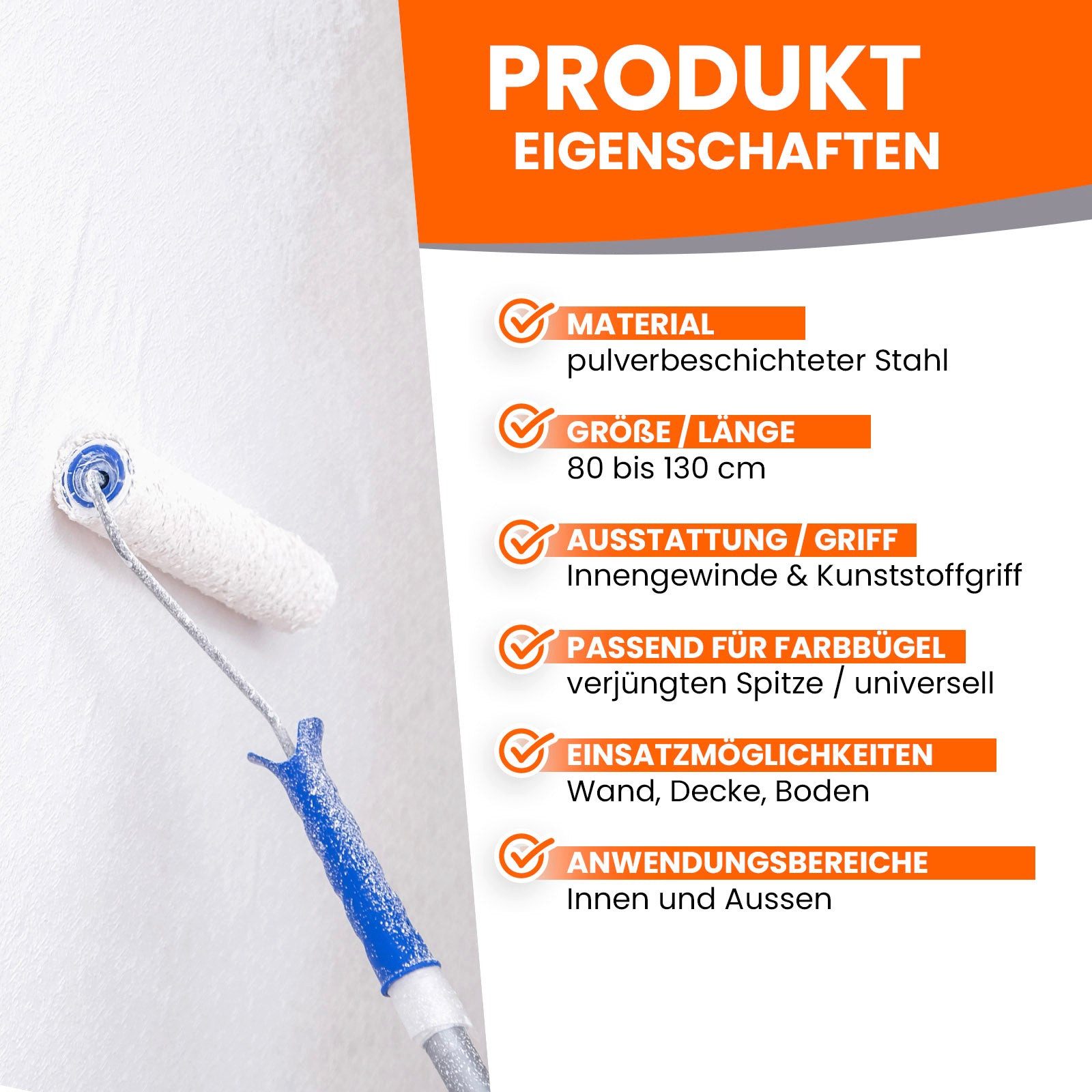 BEKATEQ Farbroller BE-77W Teleskopstange Set für Farbroller, Ausziehbar von 80cm bis 130cm