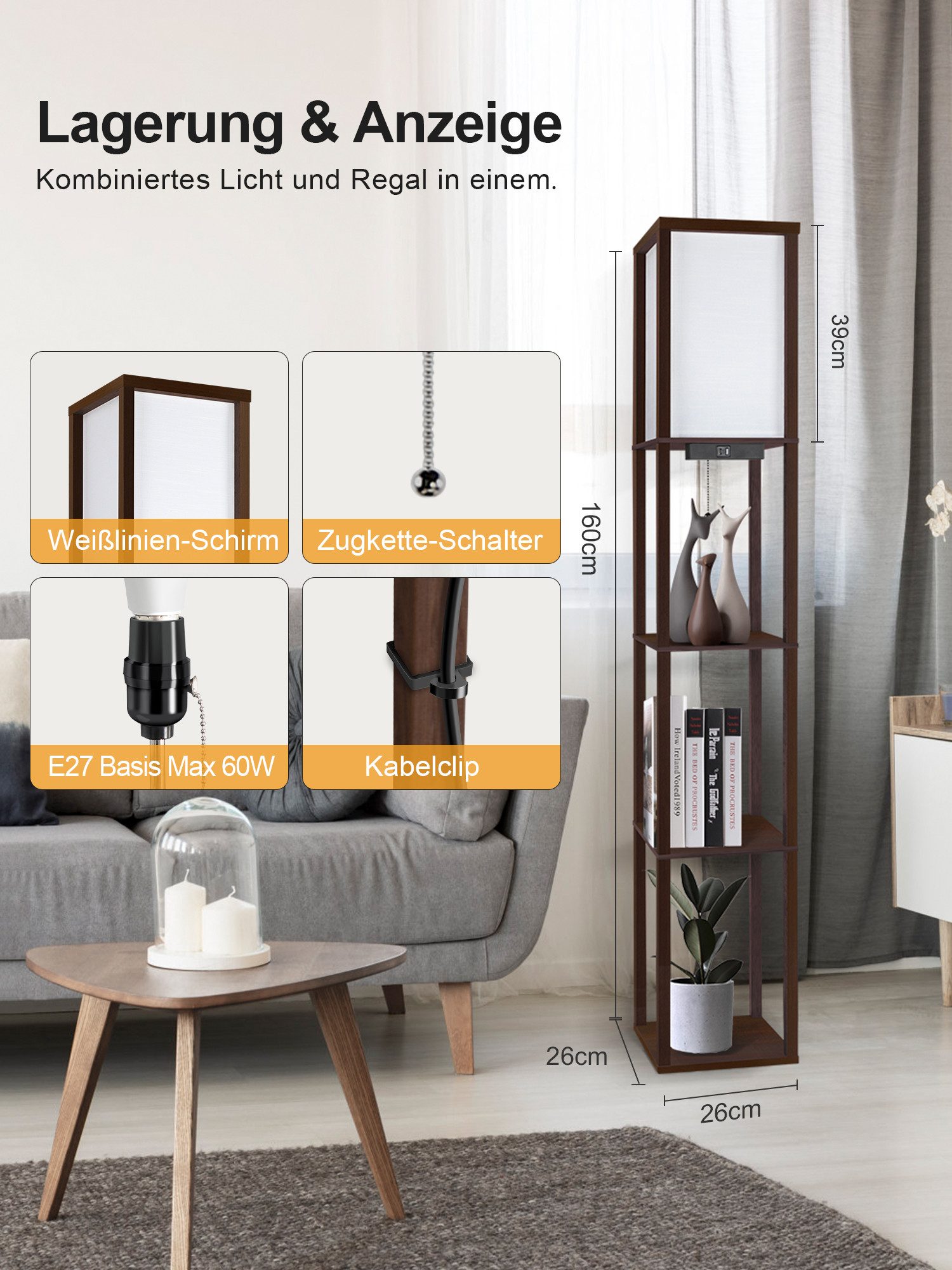 OUTON LED Stehlampe Regal mit Fernbedienung, 2 USB-Anschlüsse und 1H Timer, LED wechselbar, mit eleganter Holzoberfläche und Leinenschirm – Bild 5 von 5