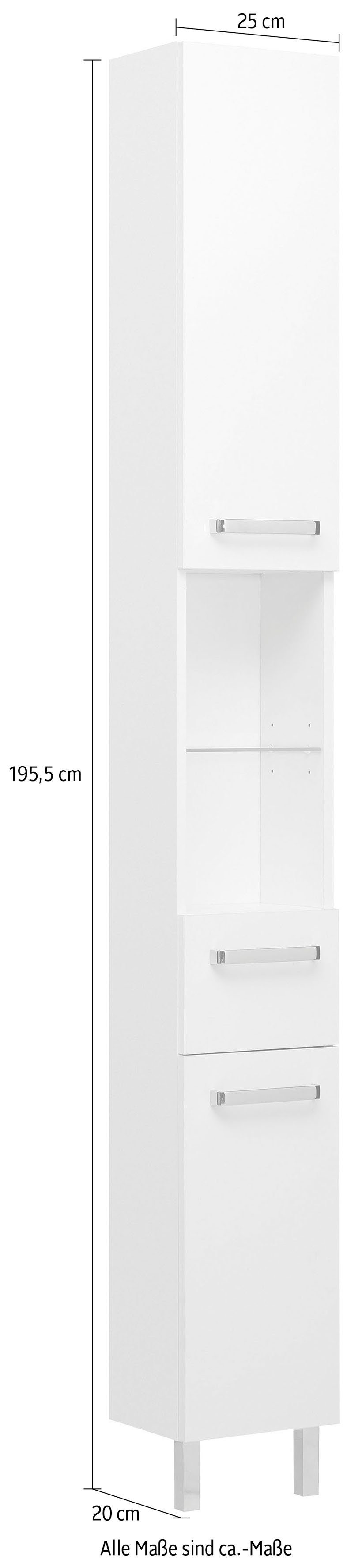 Saphir Hochschrank Quickset Badschrank 25 cm breit, 2 Türen, 2 Nischen, 1 Schublade Badezimmer-Hochschrank inkl. Türdämpfer, Griffe in Chrom glänzend – Bild 2 von 3