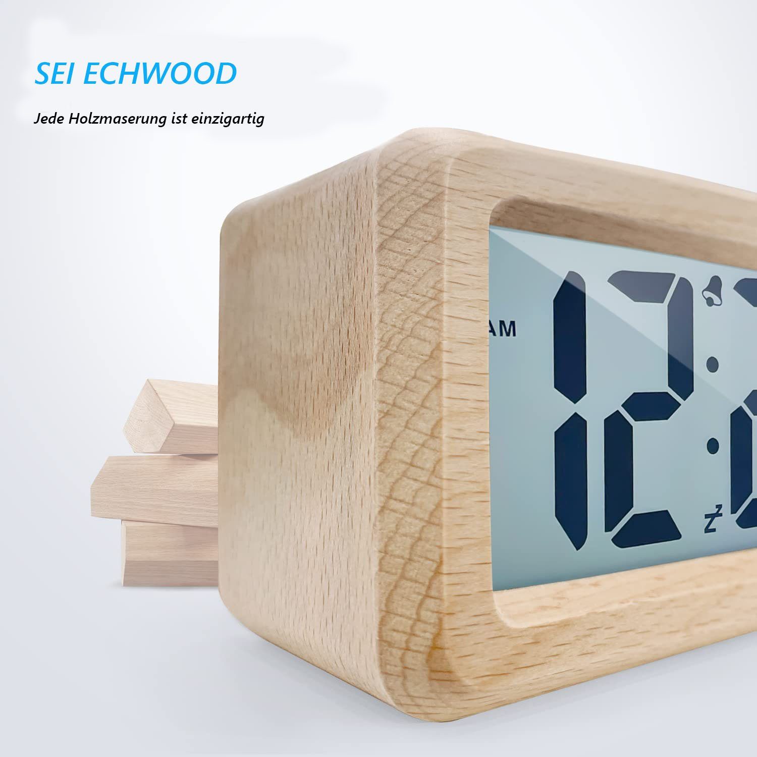 Holz LED Digital Wecker Tischuhr Uhr Thermometer Kalender Alarm Soundsteuerung 