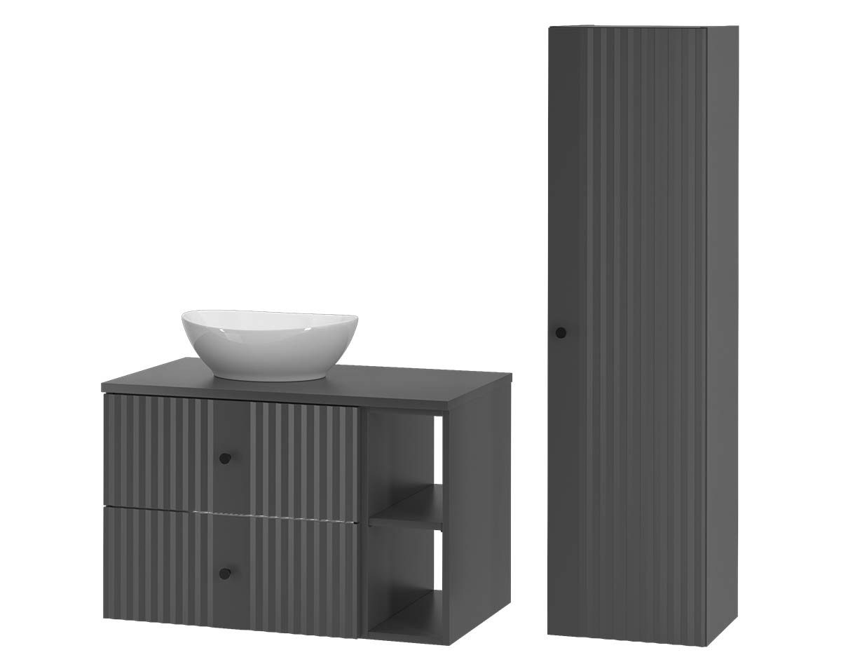 einfachgutemoebel Waschtisch-Set Waschtisch Set 80cm 2tlg. AshLine, Graphit Aufsatzbecken, (Badmöbel Set, 1-St., Waschtisch Unterschrank)