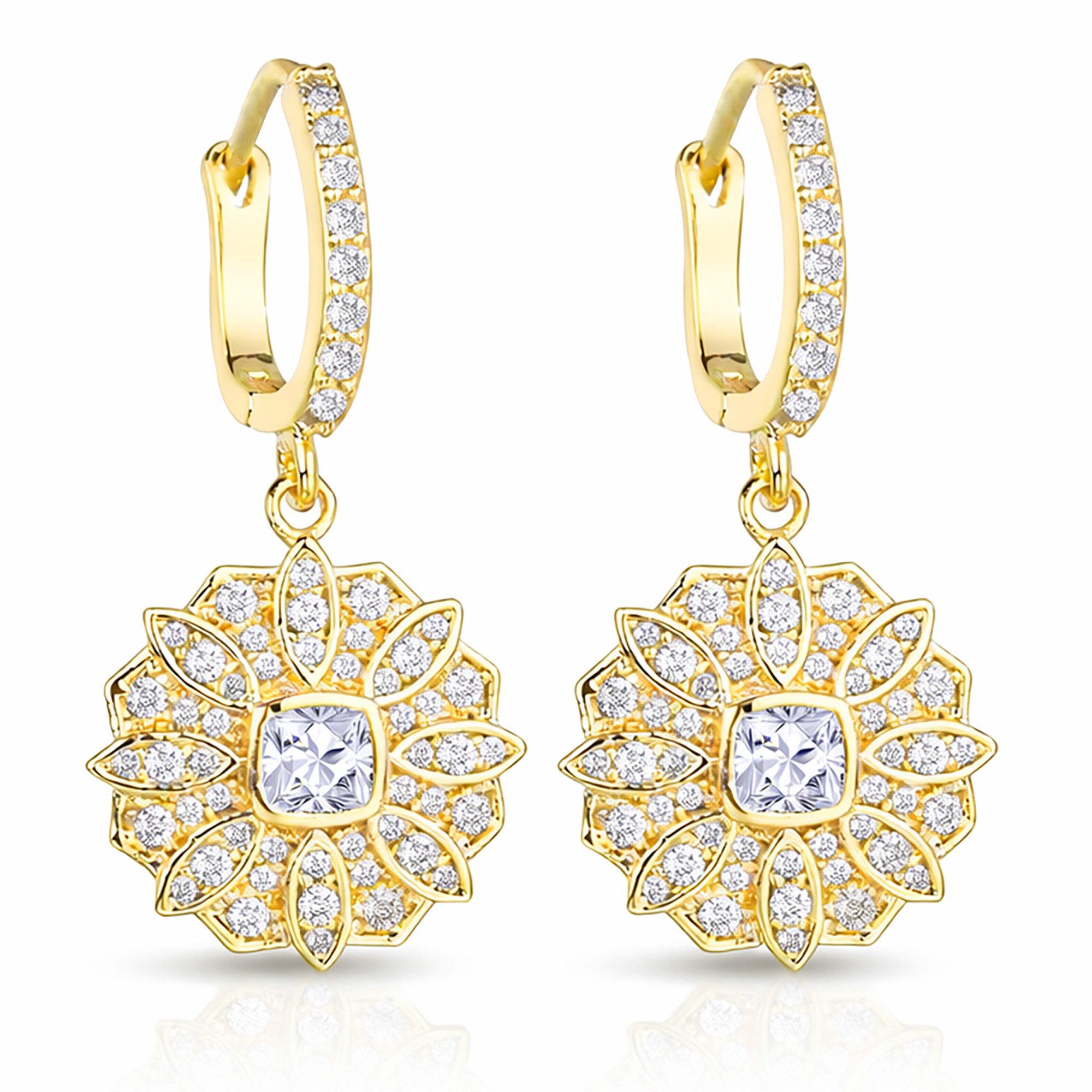 LÖB Paar Creolen 750 Gold vergoldet Creolen Zirkonia Stein Blumen Anhänger Ohrringe (Geschenke für Frauen Damen Beste Freundin Mutter Mama Ehefrau Oma sie zum Geburtstag Schmuck Herbst Oktoberfest, Inkl. Schmuckbox), Ohrhänger Blüten Hängend Hängeohrringe Elegant Glitzer Schmuck Lang