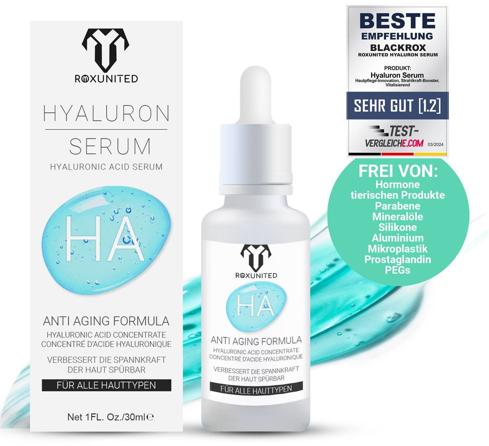 ROXUNITED Hyaluron Serum [Vergleichssieger 2024] Hormonfrei, Für alle Hauttypen, Anti-Aging, Gesicht, Hals, Dekolletê