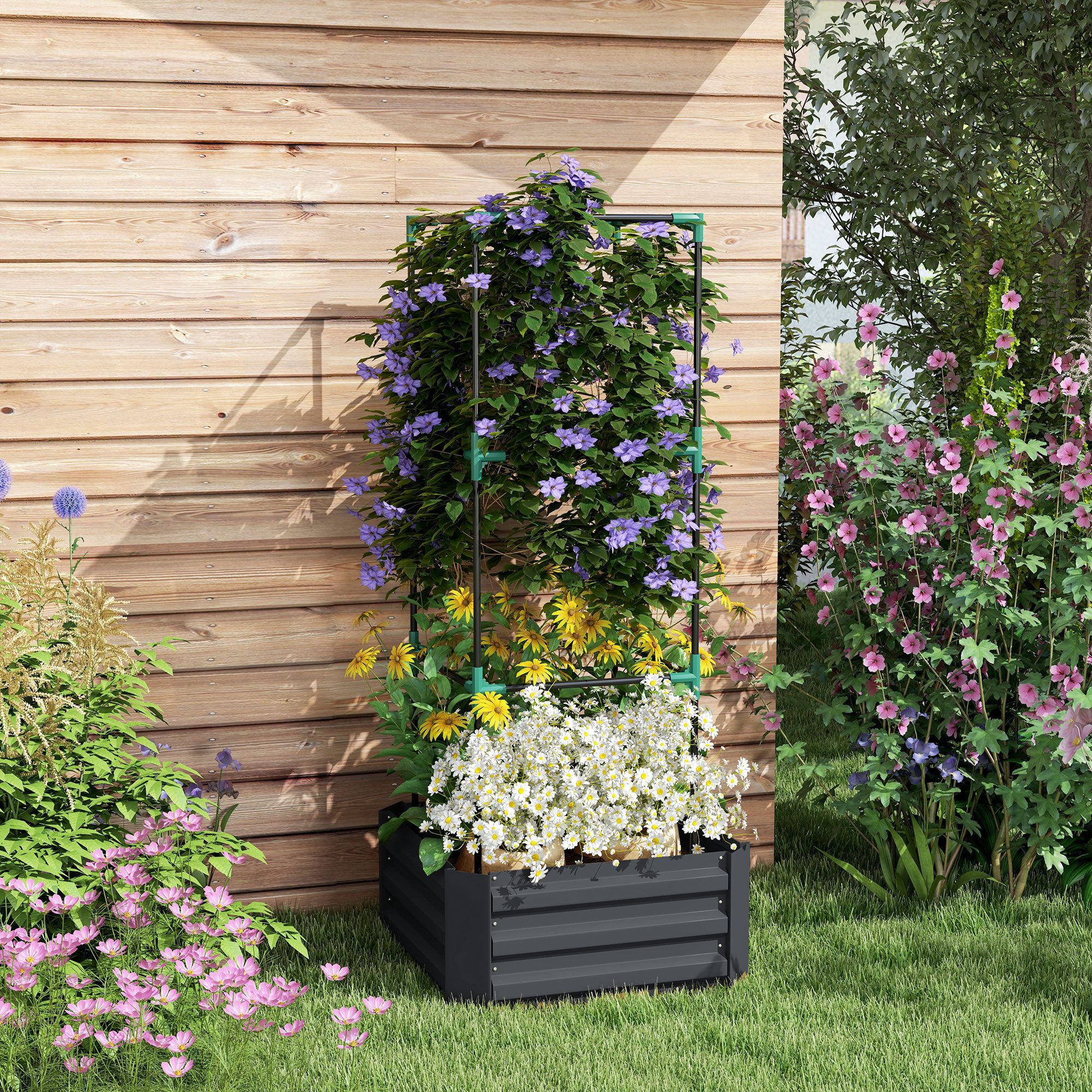 Outsunny Hochbeet mit Rankhilfe, offenem Boden (Gemüsebeet, 1 St., Blumenkasten), Dunkelgrau, 61 x 61 x 140 cm