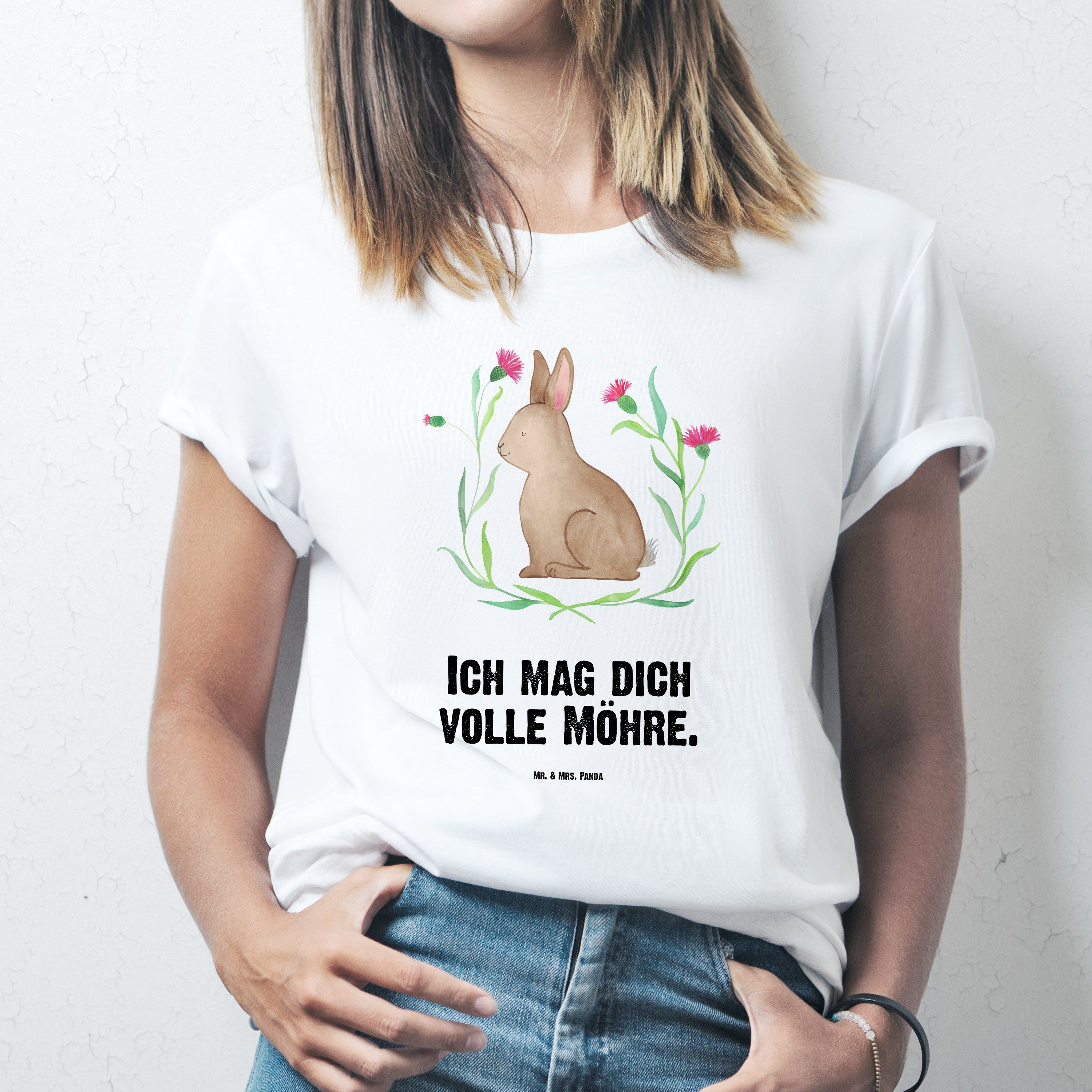 Mr. & Mrs. Panda T-Shirt Hase sitzend - Weiß - Geschenk, Osterblume, Party, Ostern, Osternest, (1-tlg)