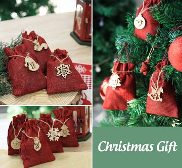 Homewit Christbaumschmuck Adventskalender DIY Weihnachten Geschenksäckchen Stoffbeutel (24-tlg), 1-24 Zahlen Holzanhänger